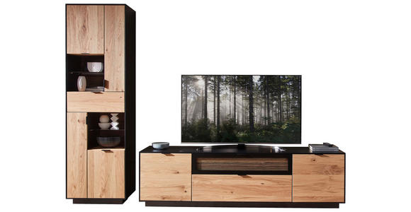 WOHNWAND in Schwarz, Eichefarben 275/200/45 cm - Eichefarben/Schwarz, Design, Glas/Holz (275/200/45cm) - Novel