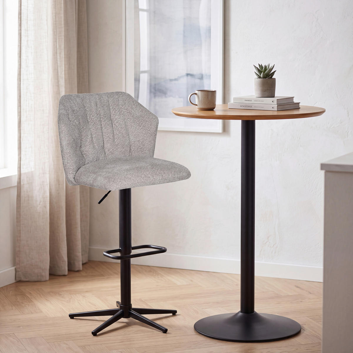 BARSKI STOL, siva, črna  - siva/črna, Design, kovina/tekstil (52,5/89-111/53cm) - Stylife