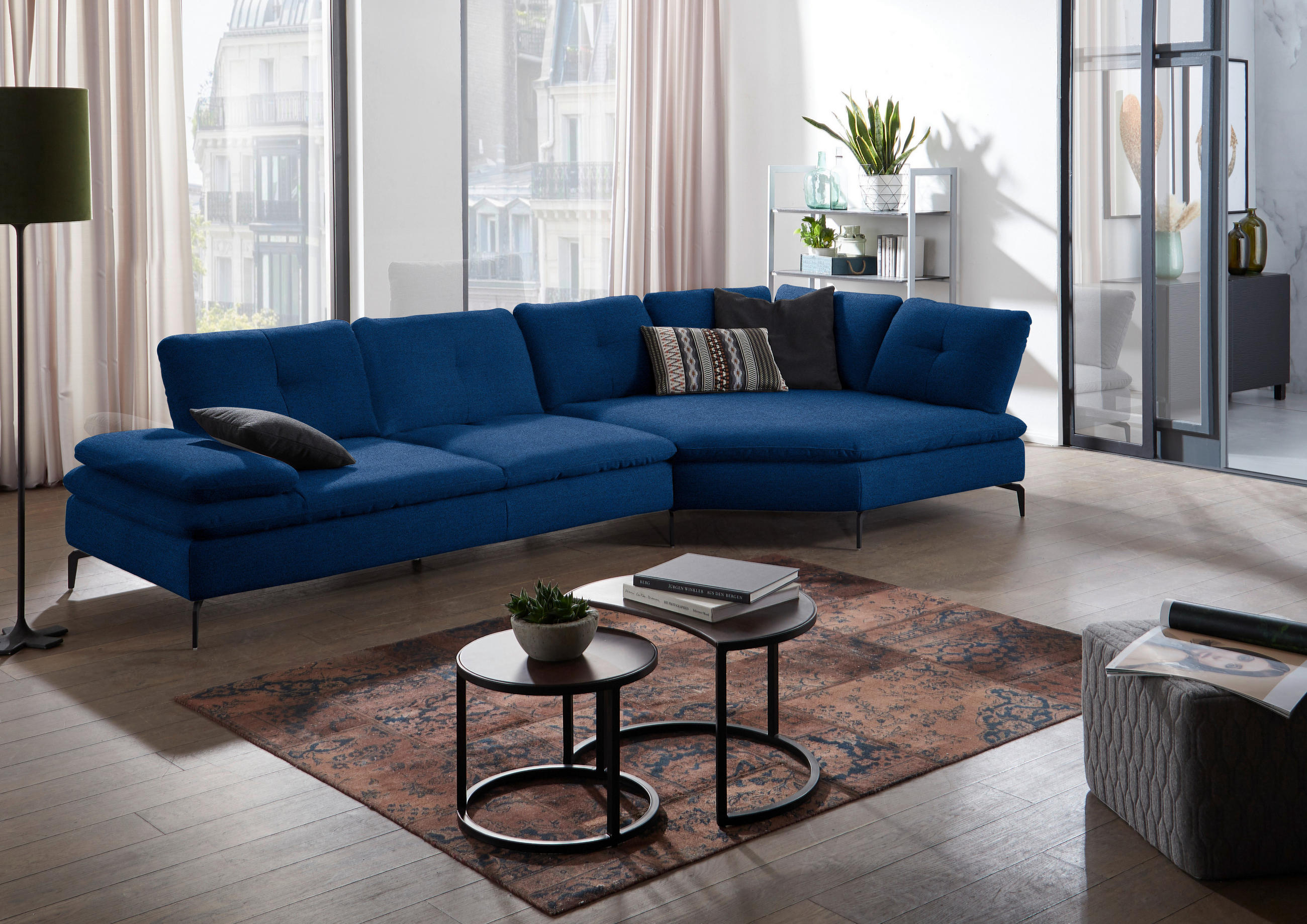 ECKSOFA in Flachgewebe Blau  - Blau/Schwarz, Design, Textil/Metall (344/157cm) - Chilliano