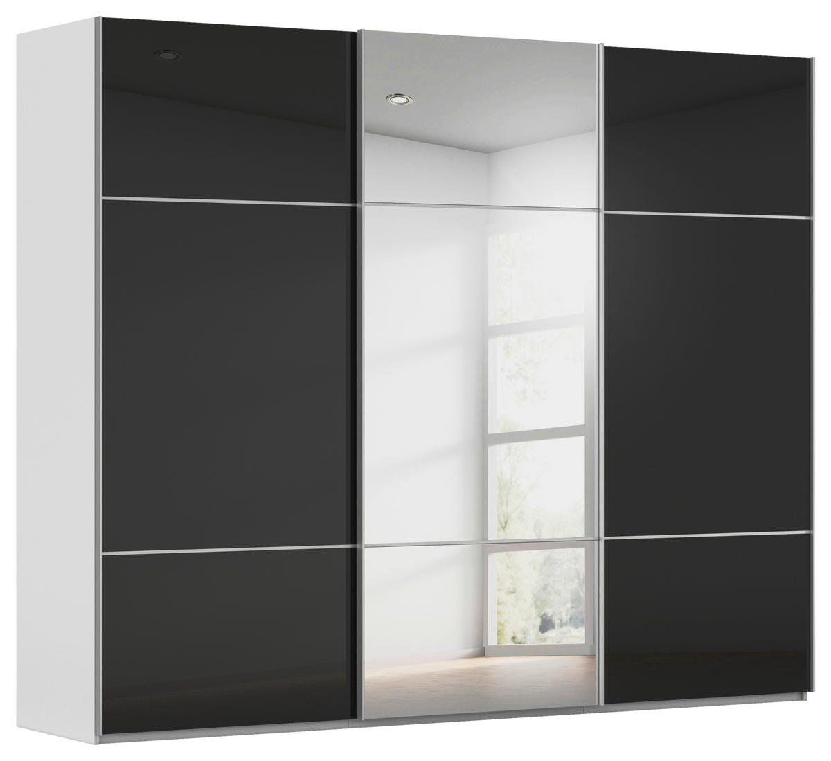 SCHWEBETÜRENSCHRANK 301/223/68 cm 3-türig Grau, Schwarz  - Alufarben/Schwarz, KONVENTIONELL, Glas/Holzwerkstoff (301/223/68cm) - Novel