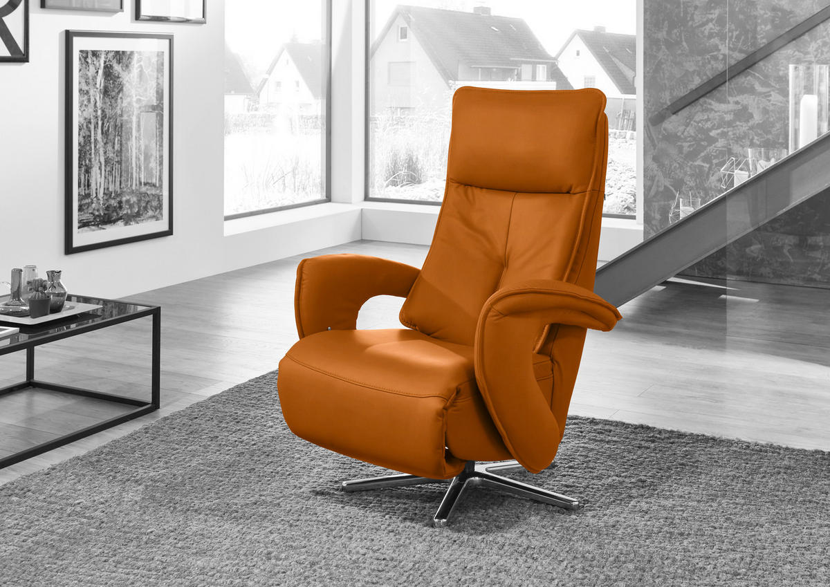 RELAXSESSEL in Leder Orange  - Edelstahlfarben/Orange, Design, Leder/Metall (77/110/87cm) - Valdera