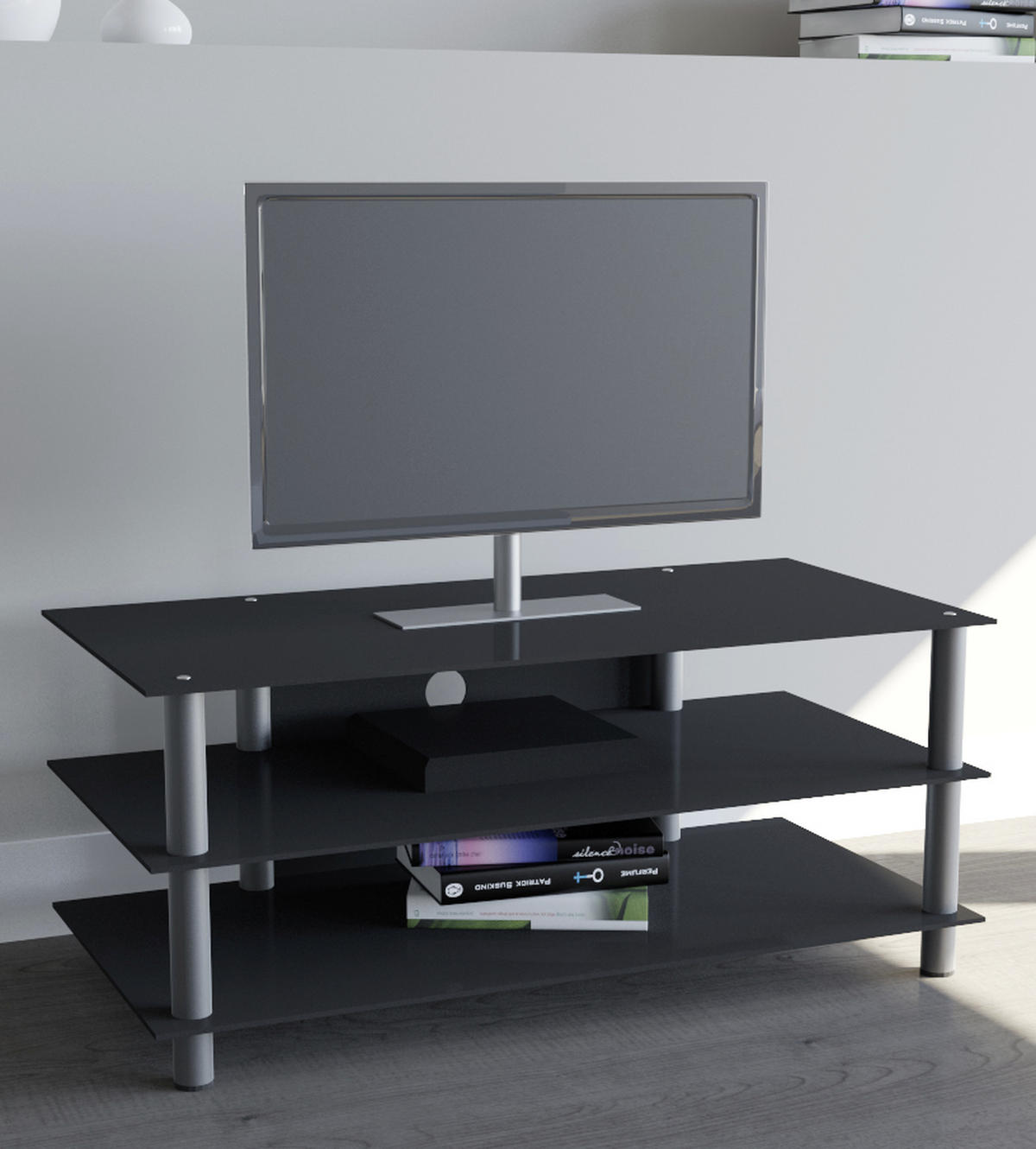 PHONOTISCH Metall, Glas Schwarz, Silberfarben  - Silberfarben/Schwarz, KONVENTIONELL, Glas/Metall (110/45/42cm) - MID.YOU