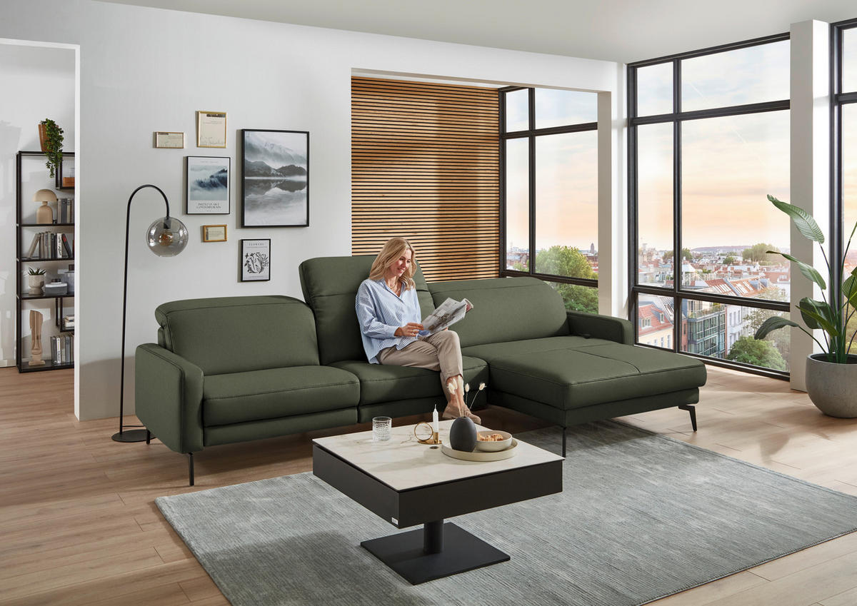 ECKSOFA  Echtleder Graugrün  - Schwarz/Graugrün, Design, Leder/Metall (323/179cm) - Dieter Knoll