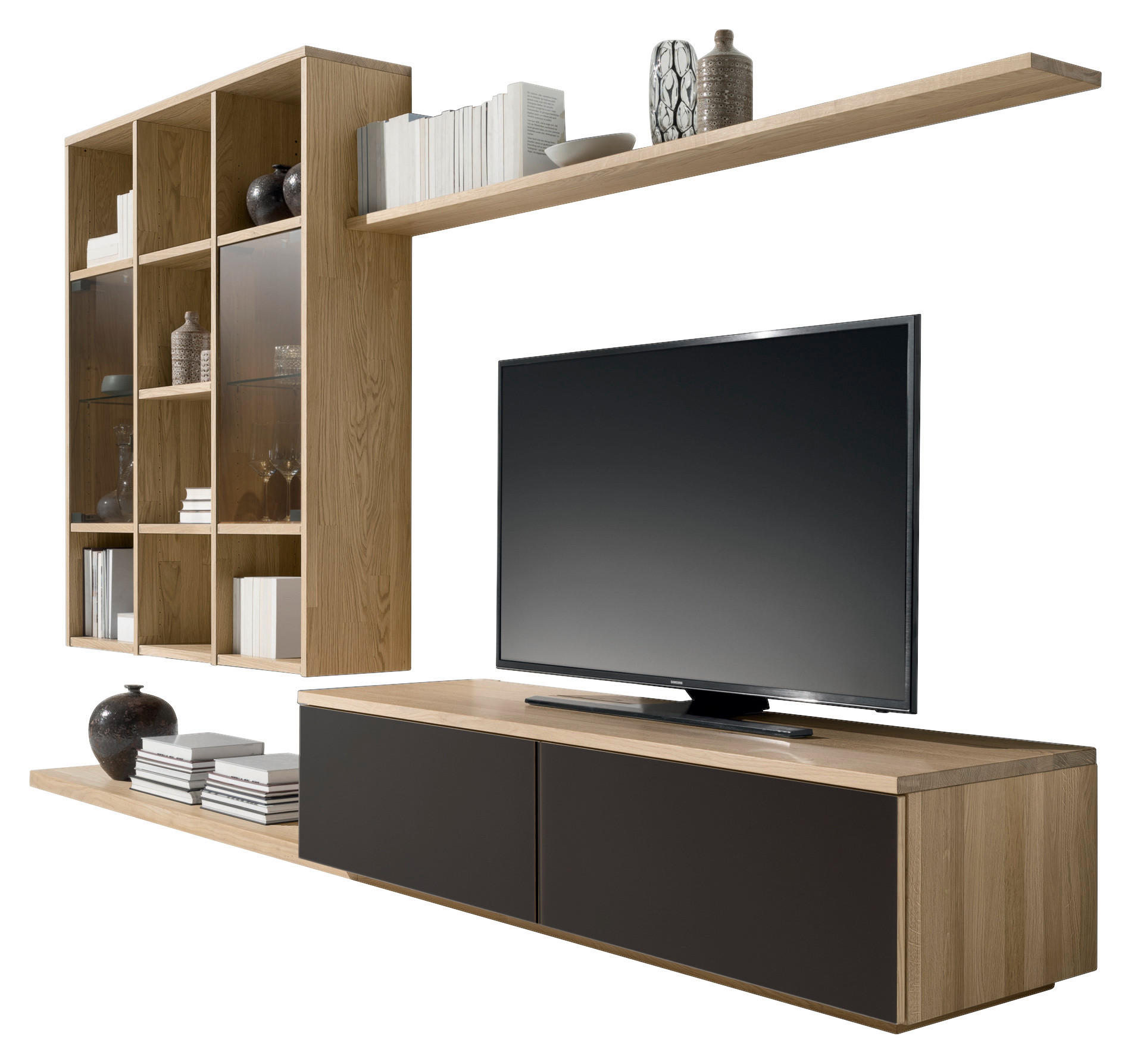 WOHNWAND  in Eichefarben, Dunkelbraun  320/183,4/48,3 cm  - Eichefarben/Dunkelbraun, Design, Glas/Holz (320/183,4/48,3cm) - Team 7