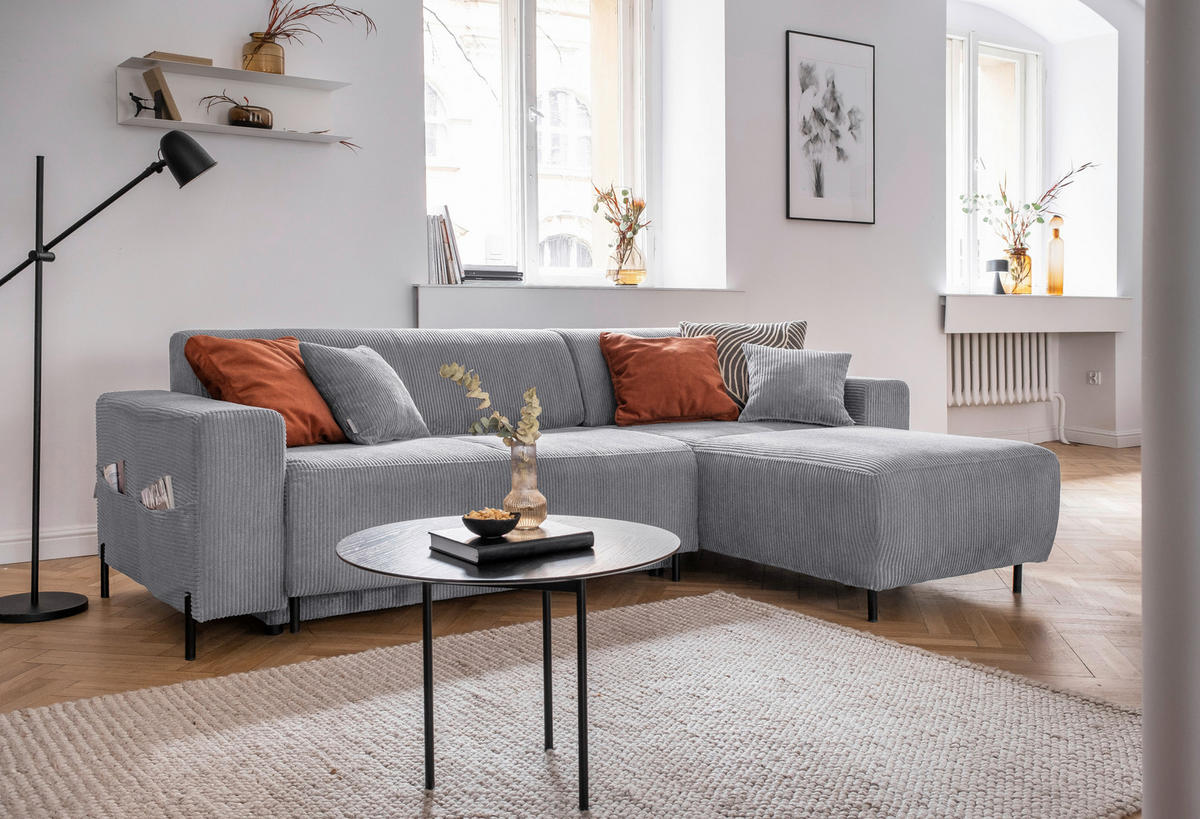 ECKSOFA in Cord Hellgrau  - Hellgrau/Schwarz, Textil/Metall (260/165cm) - MID.YOU