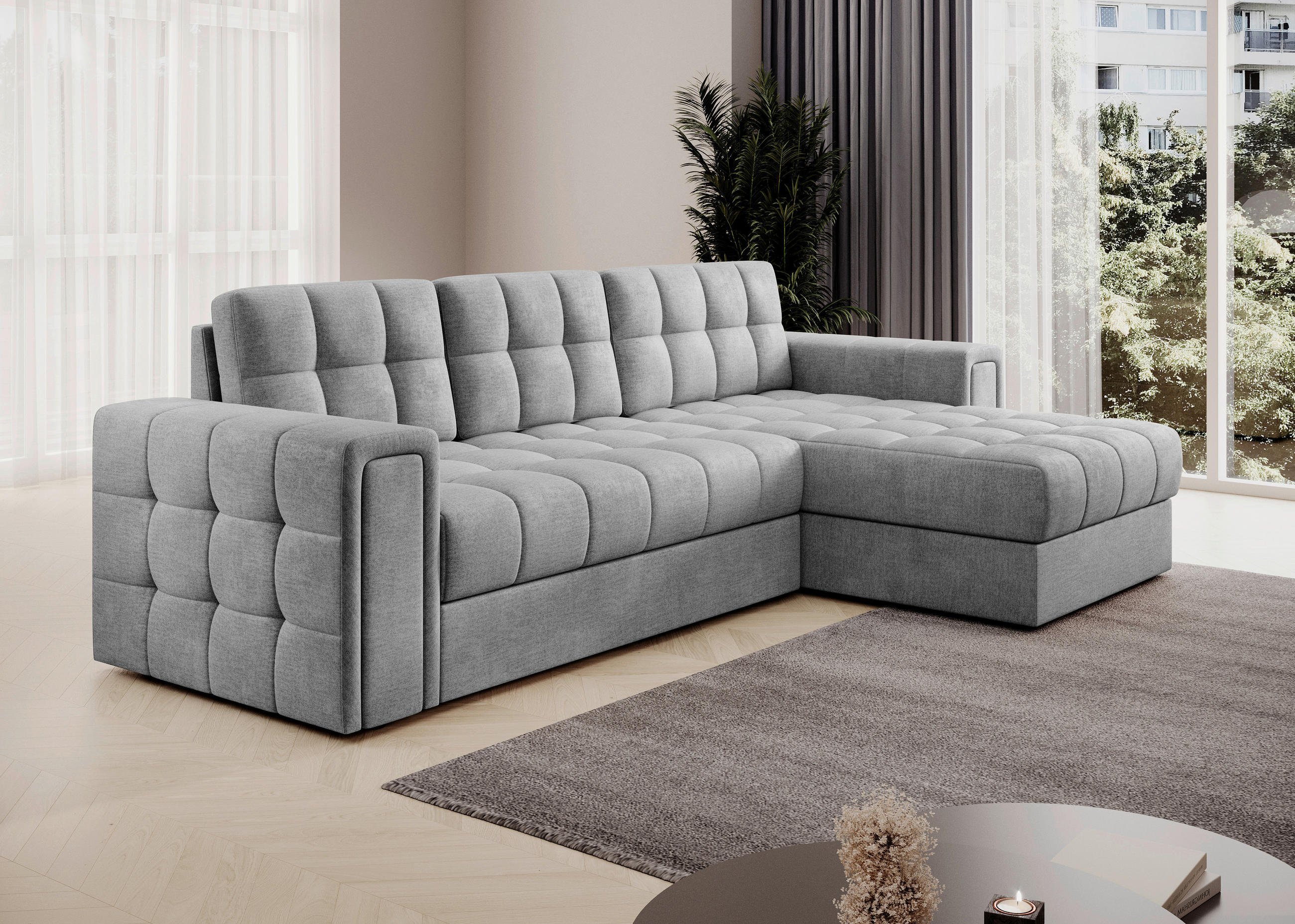 ECKSOFA Samt Hellgrau  - Hellgrau/Schwarz, Design, Kunststoff/Textil (260/150cm) - MID.YOU