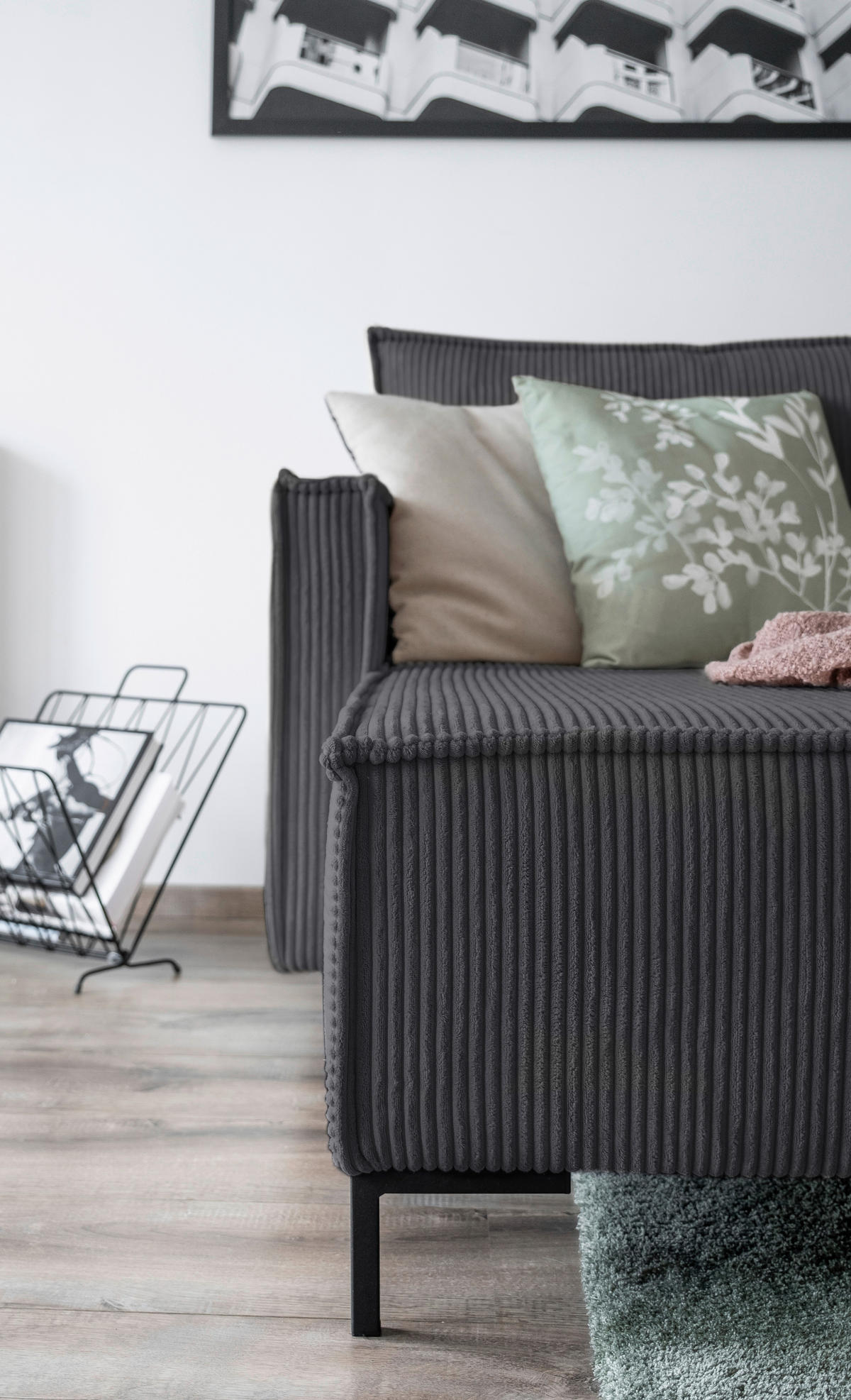 ECKSOFA in Cord Grau  - Schwarz/Grau, Design, Textil/Metall (232/90/154cm) - MID.YOU