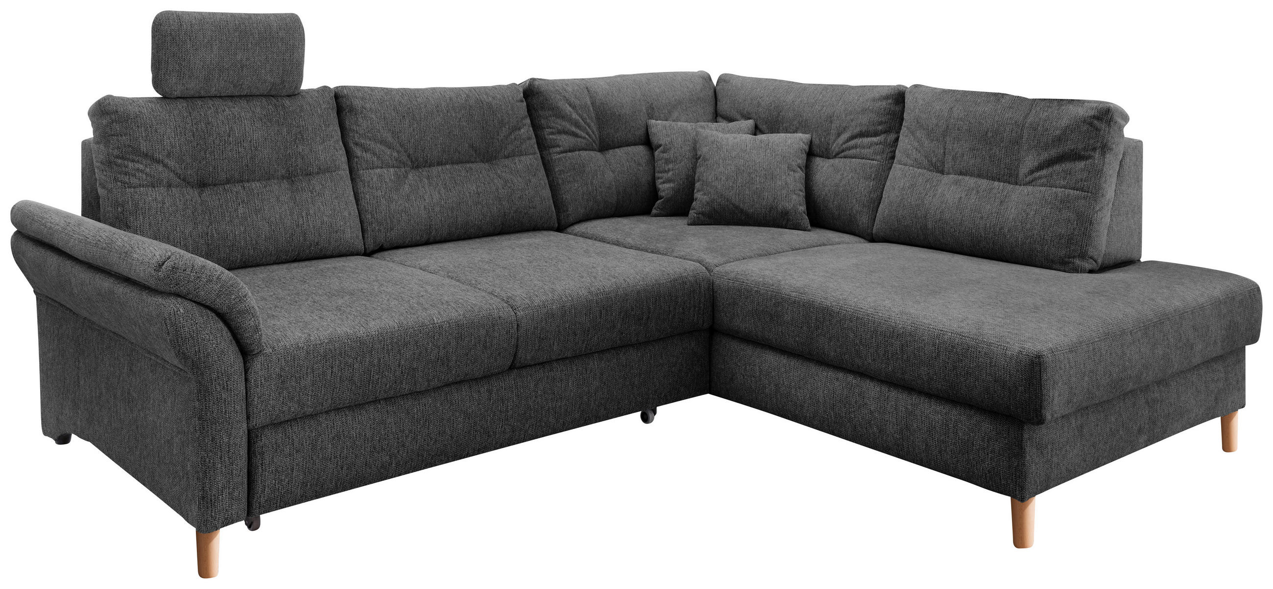 ECKSOFA Anthrazit Chenille Bettkasten, Schlaffunktion, Sitztiefenverstellung, Kopfstütze, Liegefläche im Originalstoff  - Anthrazit/Naturfarben, MODERN, Holz/Textil (264/206cm) - Livetastic
