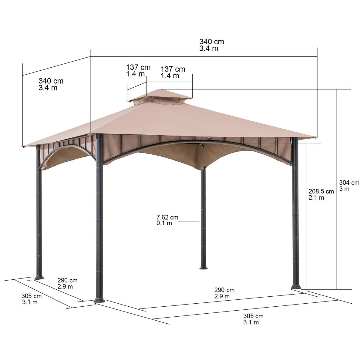 PAVILLON 340/304/340 cm Stahl  - Sandfarben/Bronzefarben, Basics, Kunststoff/Metall (340/304/340cm) - Modante