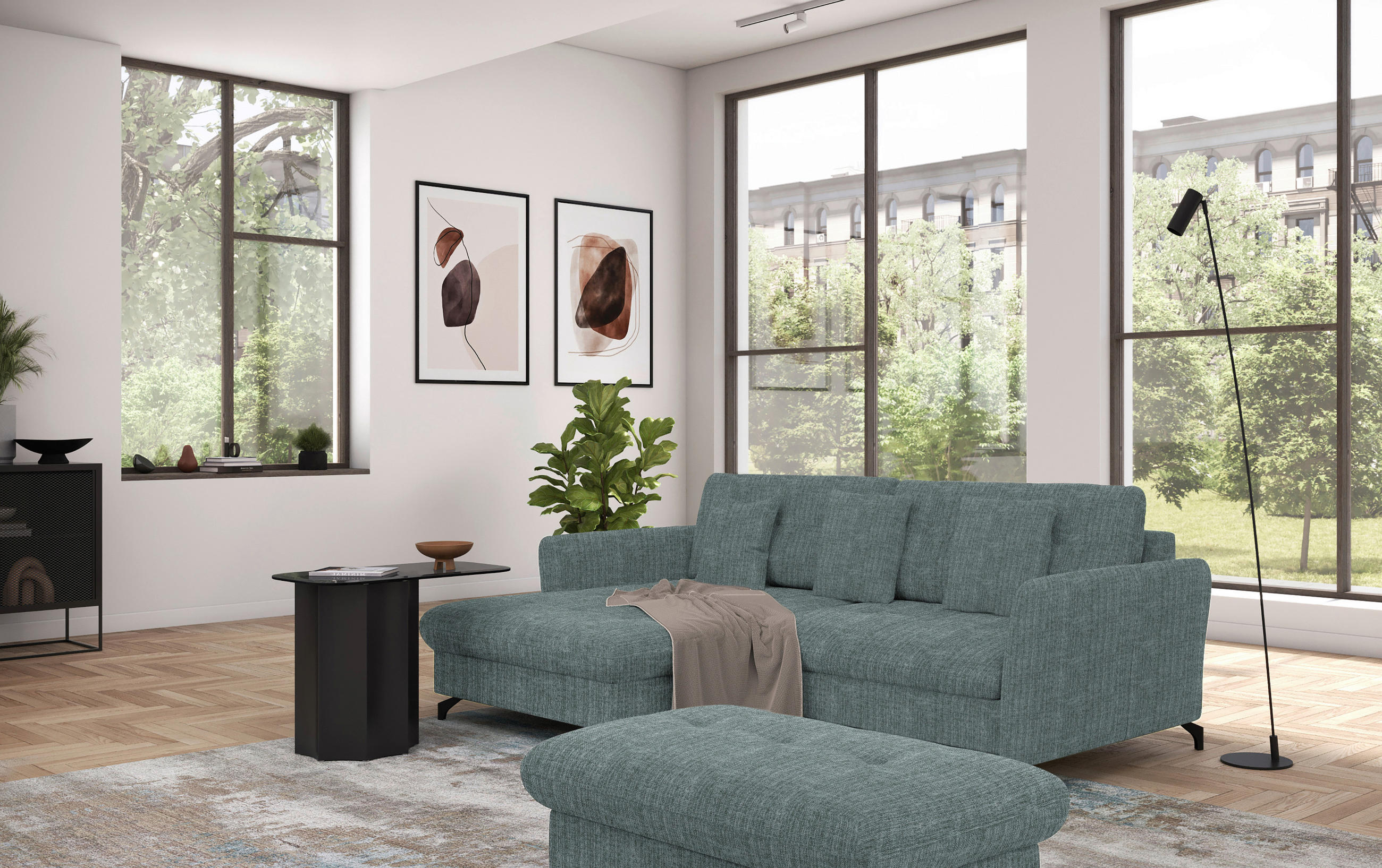 ECKSOFA in Flachgewebe, Leinenoptik Blau  - Blau/Schwarz, Design, Textil/Metall (170/242cm) - Xora