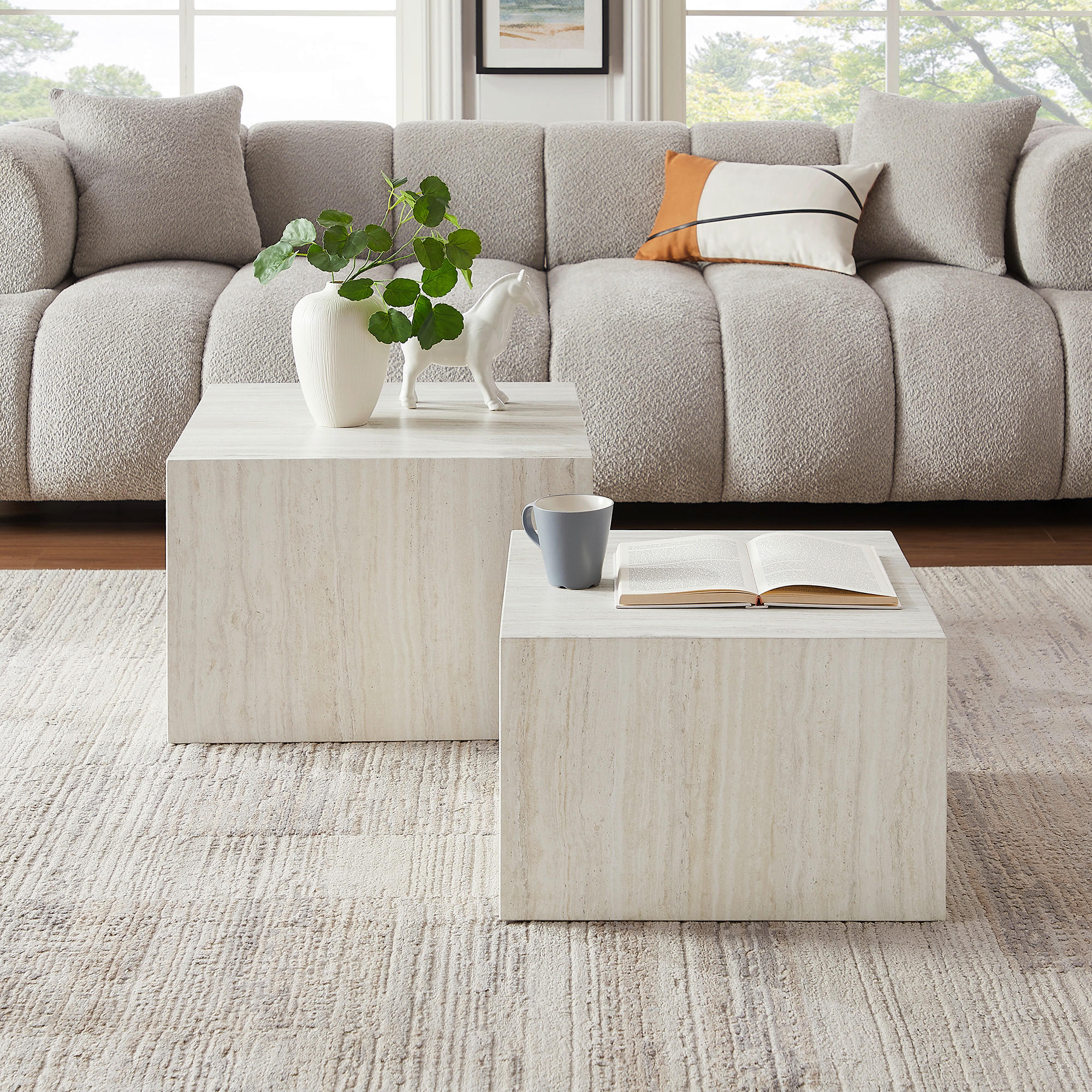 Thumbnail - Livetastic Couchtischset, Beige, Holzwerkstoff, 2-teilig, Travertinoptik, quadratisch, 58-50x40-33x58-50 cm, Wohnzimmer,...