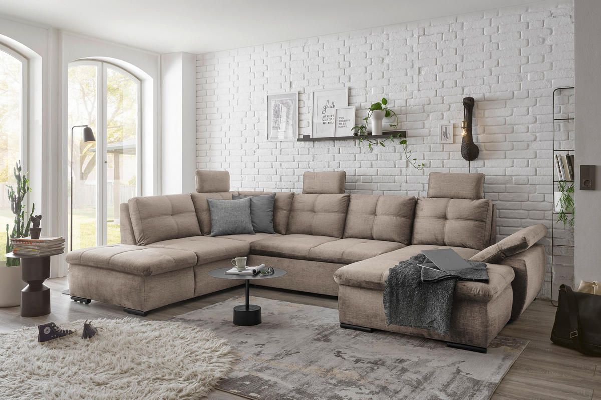 WOHNLANDSCHAFT in Mikrovelours Creme  - Creme/Schwarz, Konventionell, Kunststoff/Textil (217/334/127cm) - Carryhome