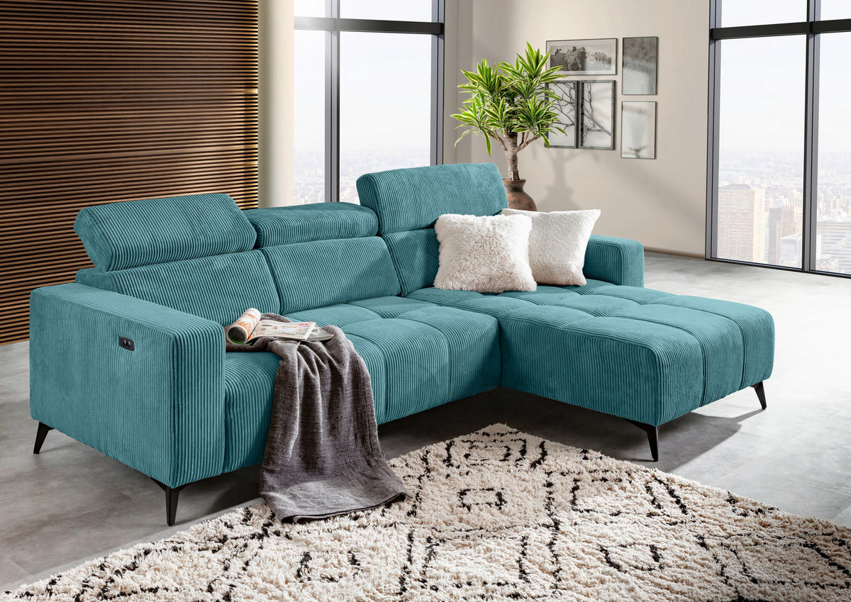 ECKSOFA Petrol Cord Rücken echt, Kopfteilverstellung, Sitzvorzug  - Petrol/Schwarz, KONVENTIONELL, Textil/Metall (257/170cm) - Carryhome