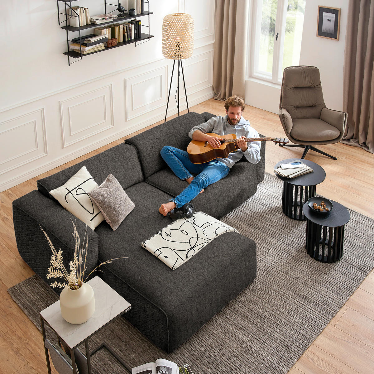 ECKSOFA in Webstoff Dunkelbraun  171/265 cm  - Dunkelbraun/Schwarz, Design, Kunststoff/Textil (171/265cm) - home24