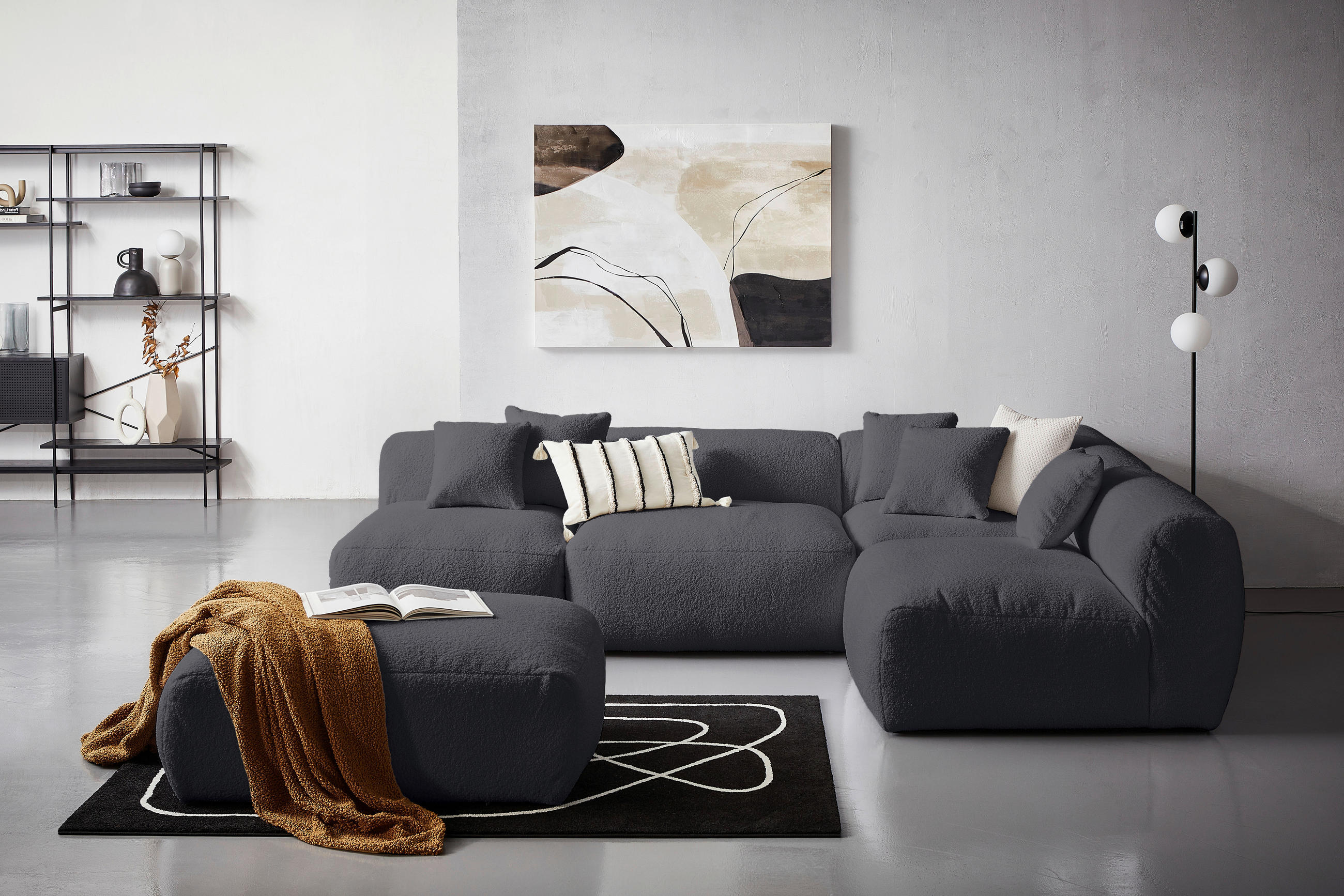 ECKSOFA inkl. Hocker in Flachgewebe, Teddystoff Dunkelgrau - Dunkelgrau, Trend, Textil (300/215cm) - Livetastic