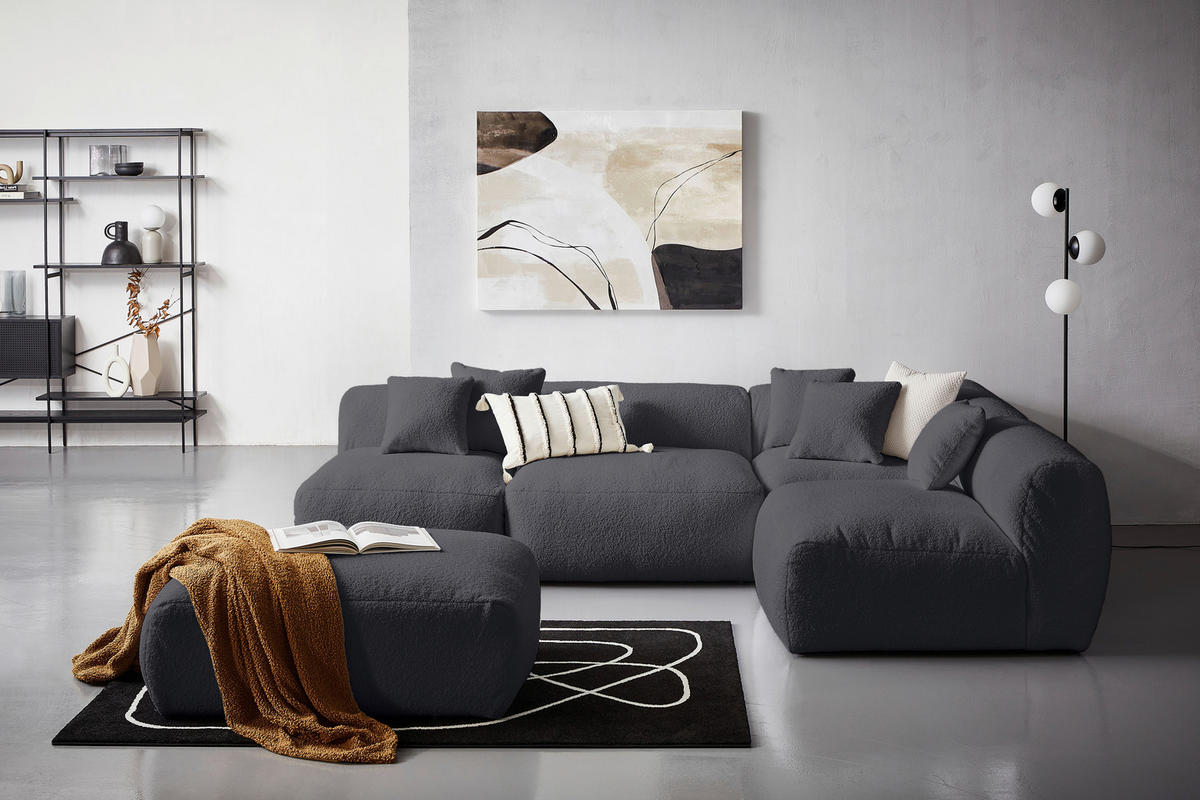 ECKSOFA inkl. Hocker in Flachgewebe, Teddystoff Dunkelgrau  - Dunkelgrau, Trend, Textil (300/215cm) - Livetastic