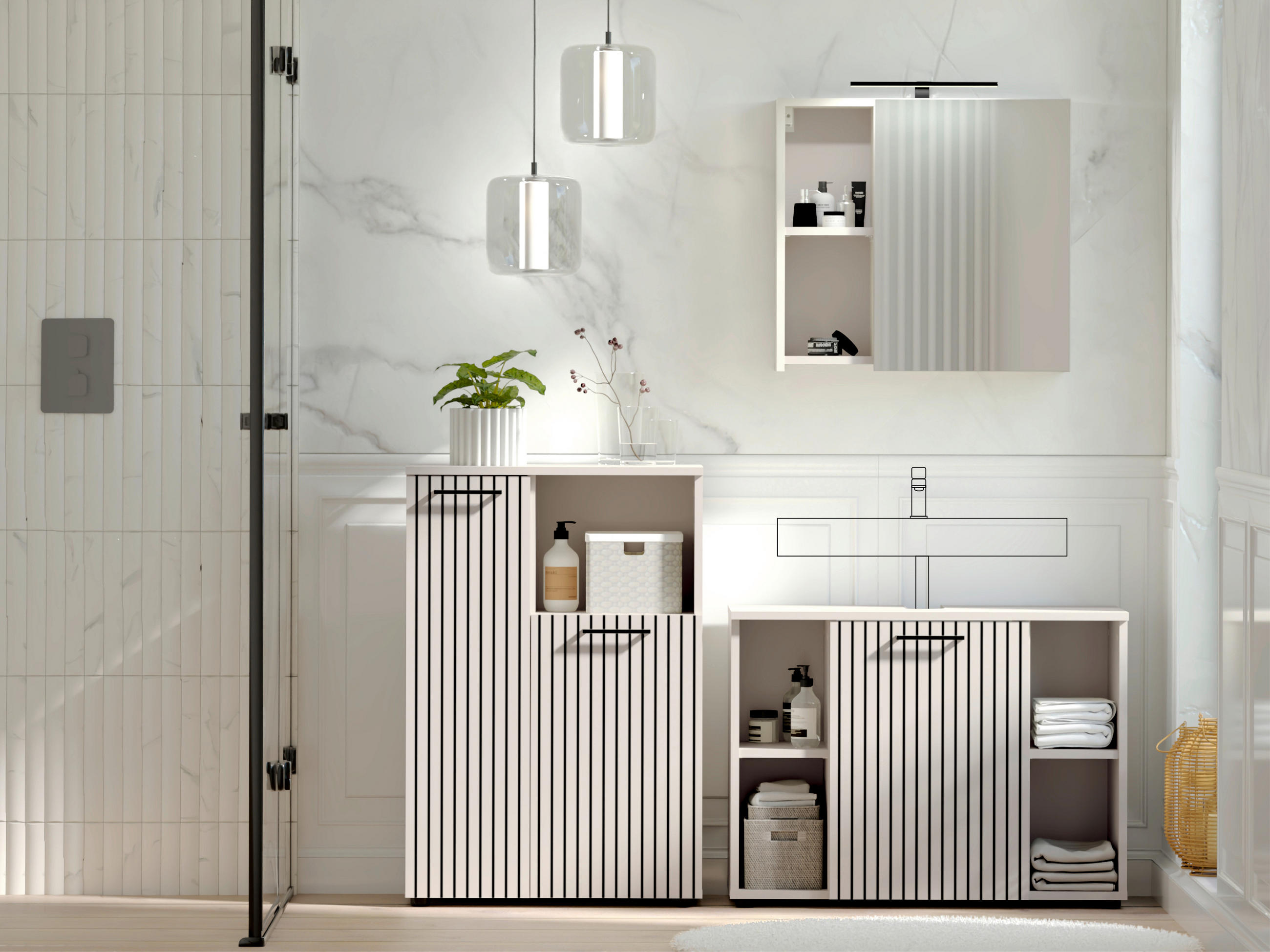BADEZIMMER 3-teilig  in 155 cm  - Kaschmir/Schwarz, Trend, Glas/Holzwerkstoff (155cm) - Respekta