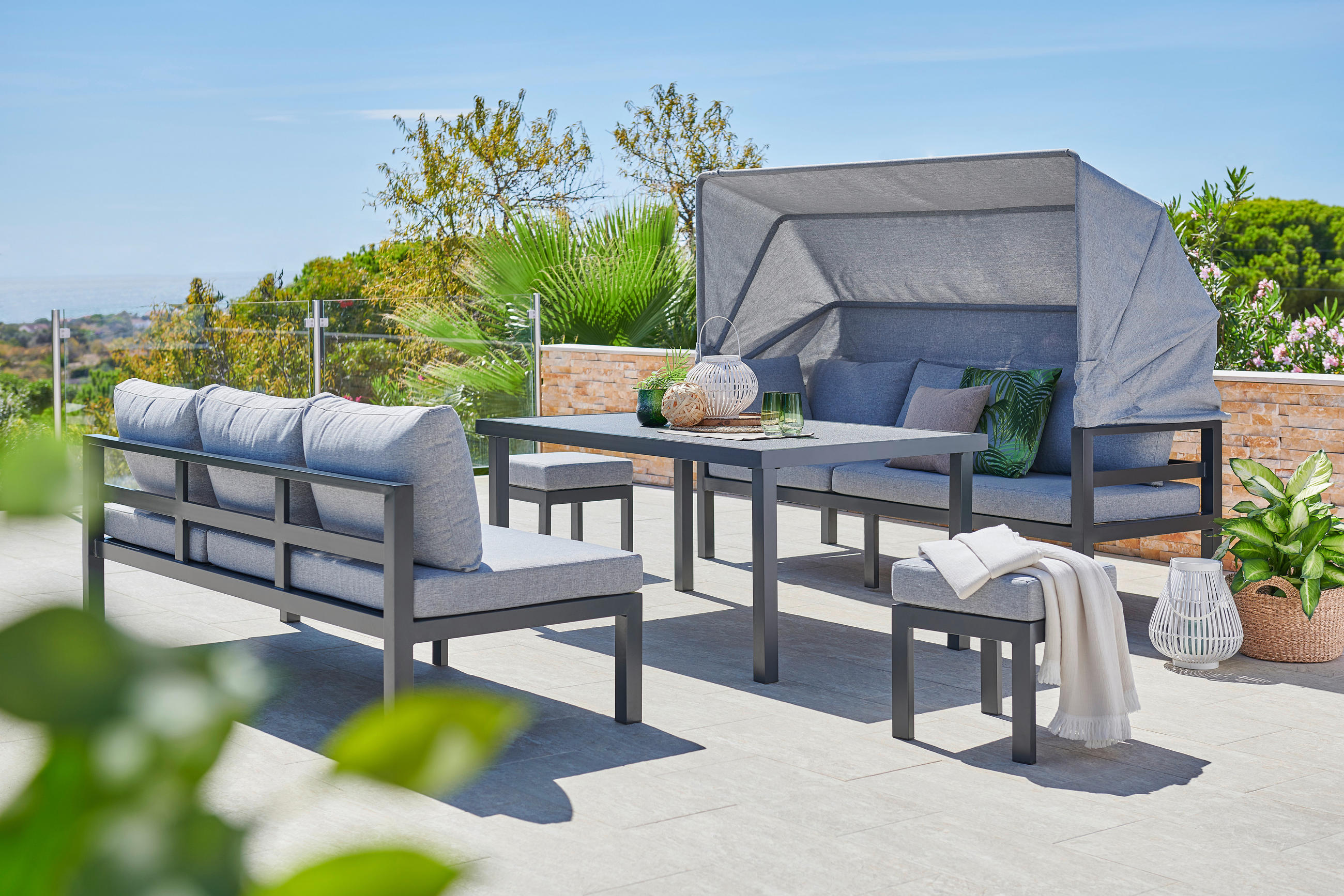 LOUNGEGARNITUR 17-teilig  200/260 cm  Aluminium  - Dunkelgrau/Anthrazit, Design, Glas/Textil (200/260cm) - Amatio