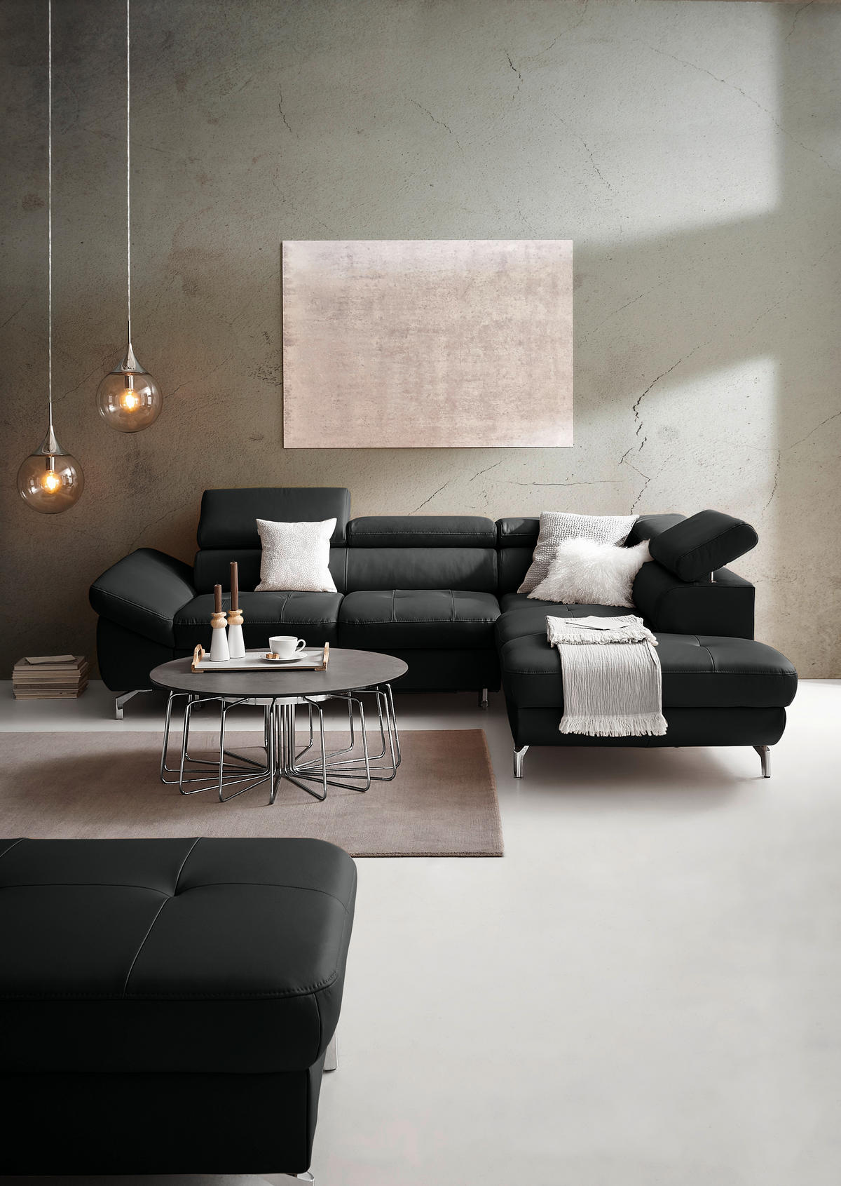 ECKSOFA in Echtleder Schwarz  - Silberfarben/Schwarz, Design, Leder/Metall (270/220cm) - Novel