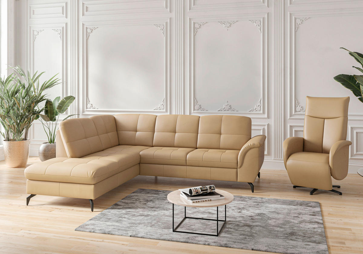 ECKSOFA in Echtleder Cappuccino  212/244 cm  - Schwarz/Cappuccino, MODERN, Leder/Metall (212/244cm) - Sit & More