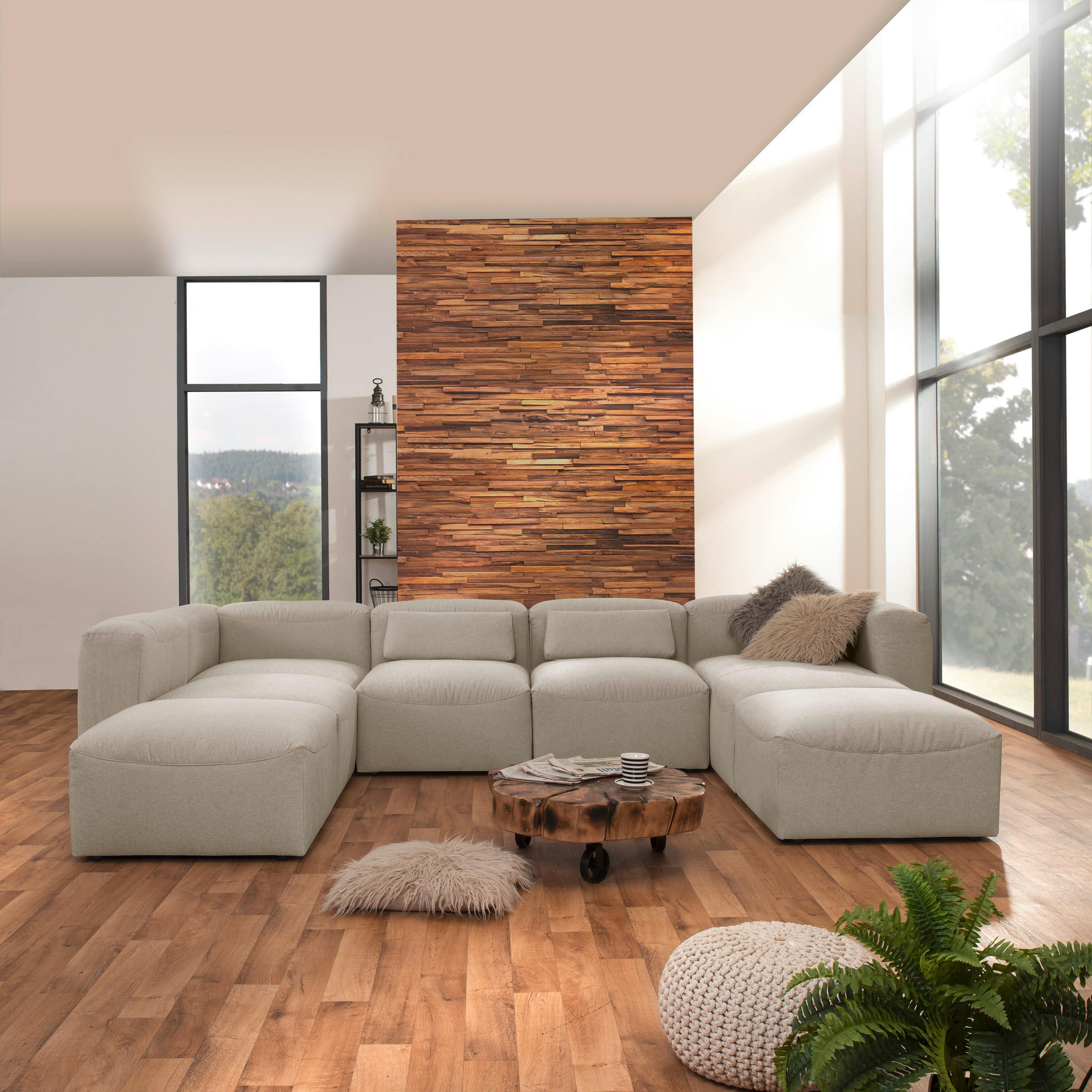 WOHNLANDSCHAFT Creme Flachgewebe - Creme, Design, Kunststoff/Textil (250/350/235cm) - Max Winzer