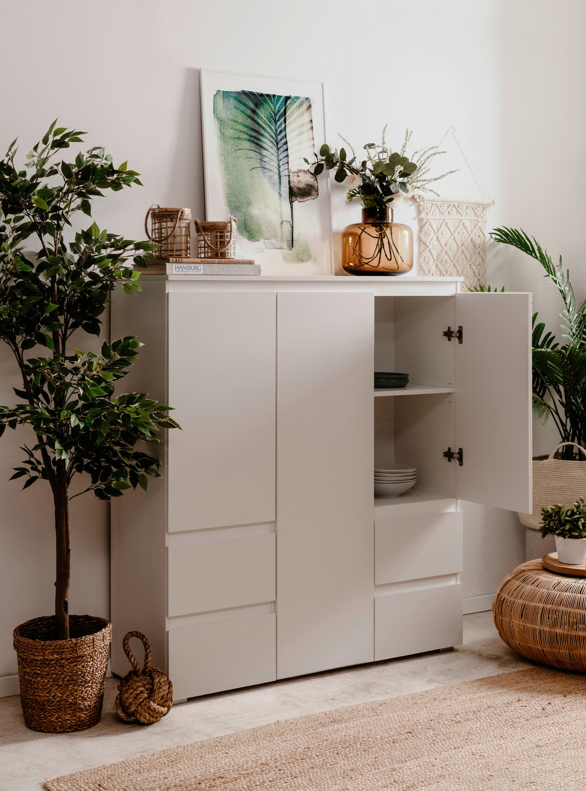 VISOKA KOMODA, bela  - bela/antracit, Design, umetna masa/leseni material (116/131/40cm) - Livetastic