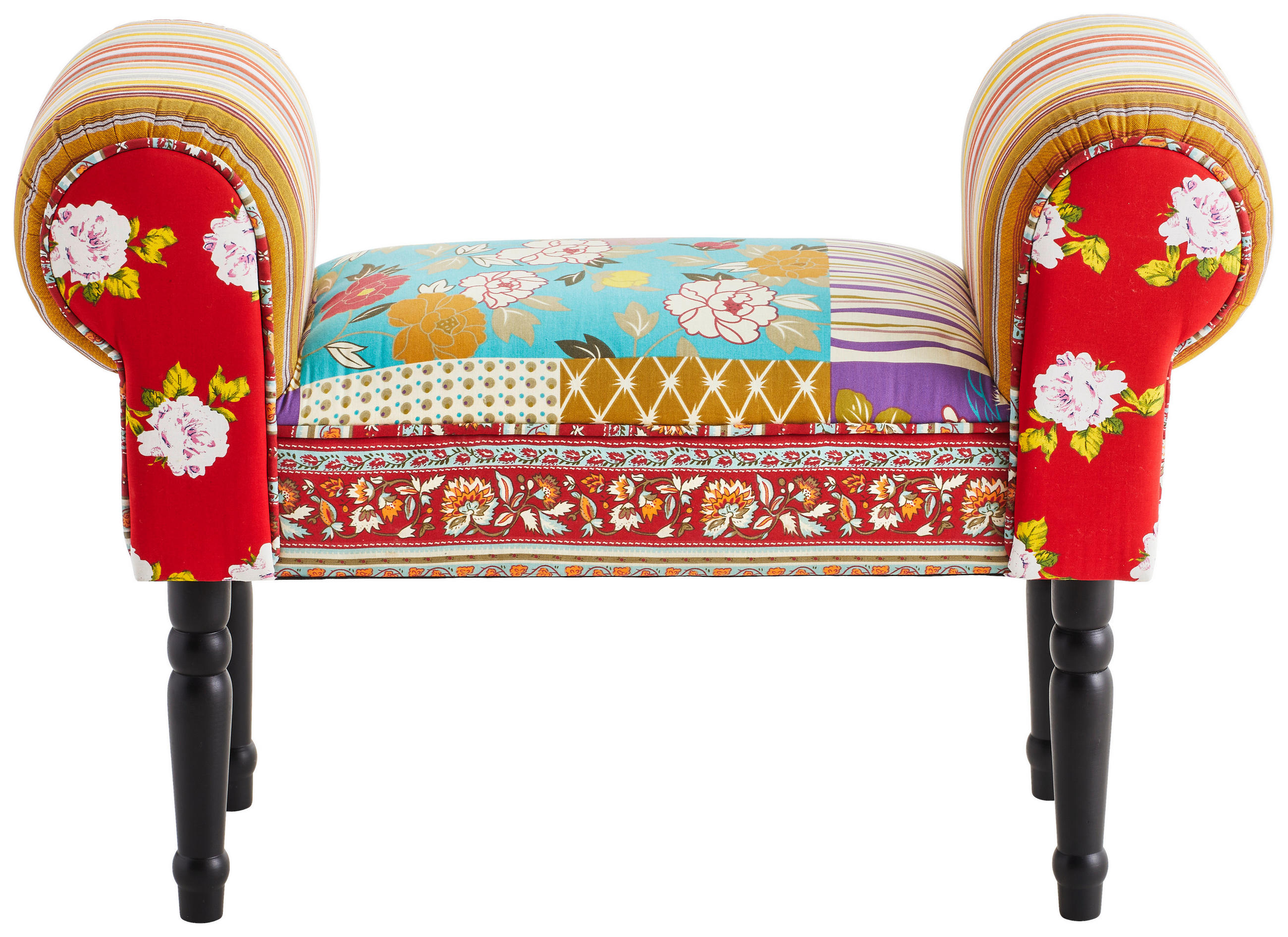 Thumbnail - Xora Hocker, Mehrfarbig, Schwarz, Holz, Textil, Kiefer, massiv, Patchwork, rechteckig, 76x54x30 cm, Stoffauswahl, Wohnzi...