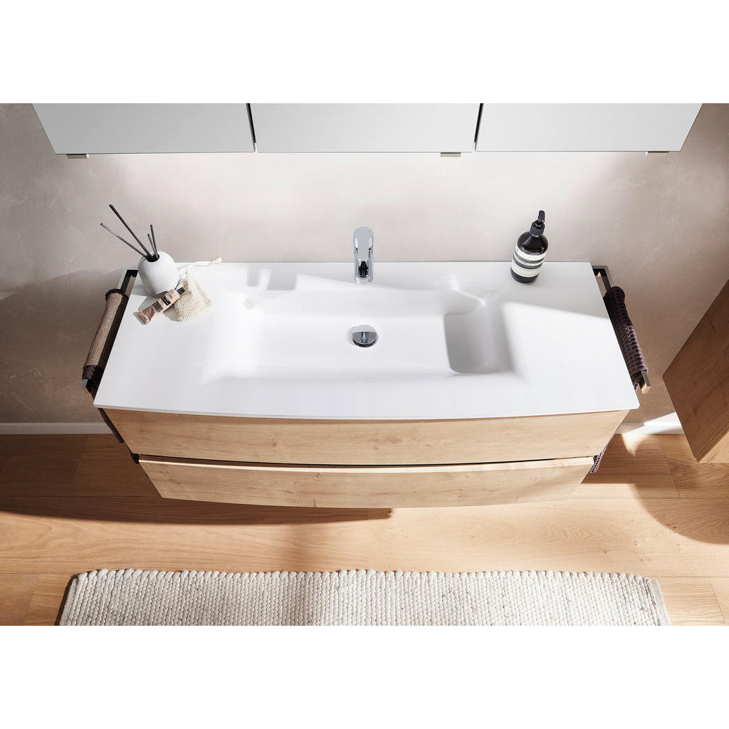 Thumbnail - Novel Badezimmer Nv.076, Eiche, Holzwerkstoff, 6 Fächer, 2,2 Schubladen, 121.2 cm, Goldenes M, Made in Germany, hängend,...