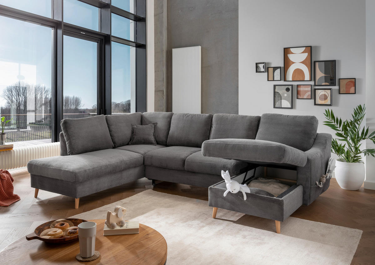 WOHNLANDSCHAFT Cord Grau  - Naturfarben/Grau, Konventionell, Holz/Textil (200/301/150cm) - P & B