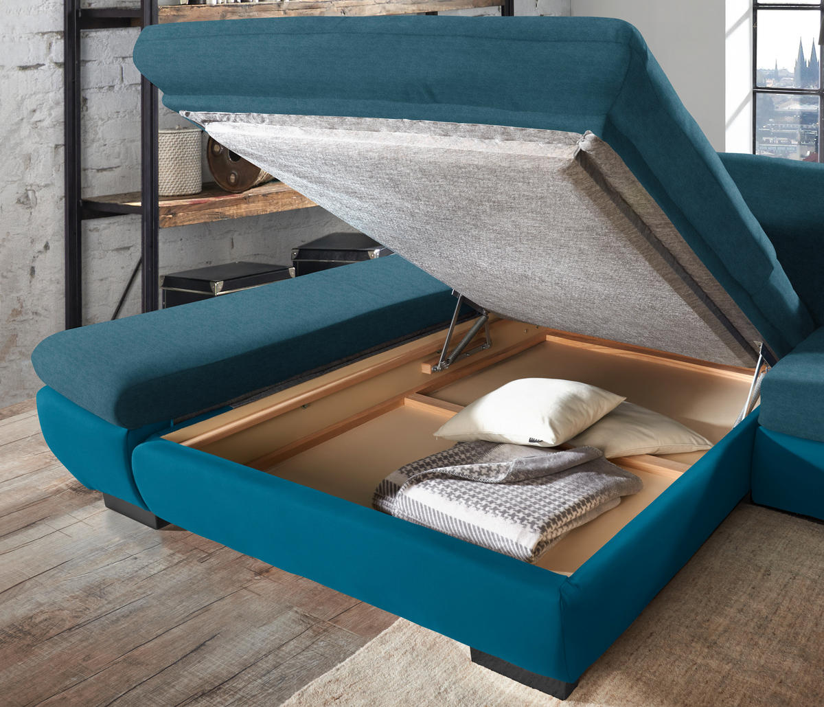 ECKSOFA in Mikrofaser Dunkelblau  - Schwarz/Dunkelblau, Design, Textil/Metall (341/204cm) - Xora