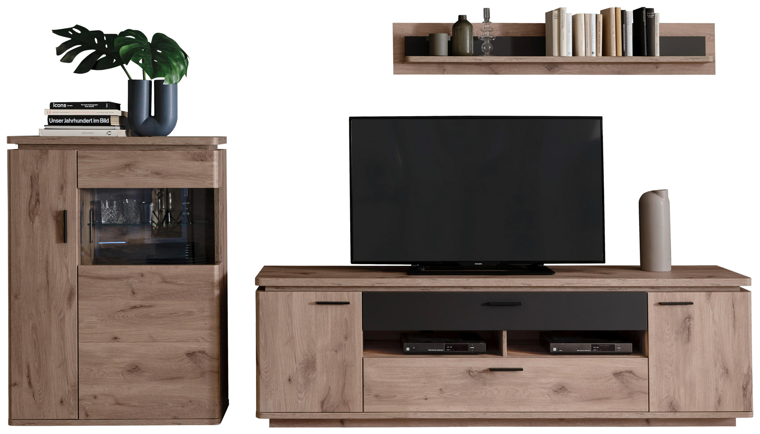 WOHNWAND 3-teilig  in Anthrazit, Eiche dunkel  310/181/50 cm  - Eiche dunkel/Anthrazit, KONVENTIONELL, Glas/Holzwerkstoff (310/181/50cm) - Cantus