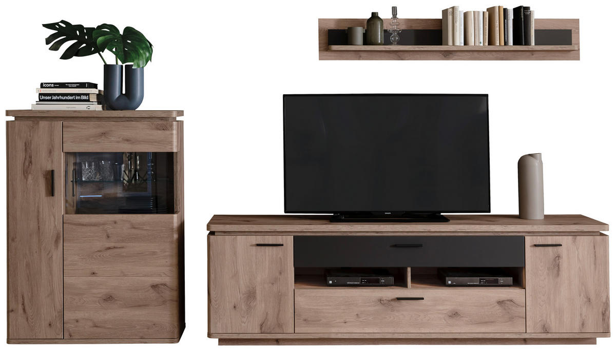 WOHNWAND 3-teilig  in Anthrazit, Eiche dunkel  310/181/50 cm  - Eiche dunkel/Anthrazit, KONVENTIONELL, Glas/Holzwerkstoff (310/181/50cm) - Cantus