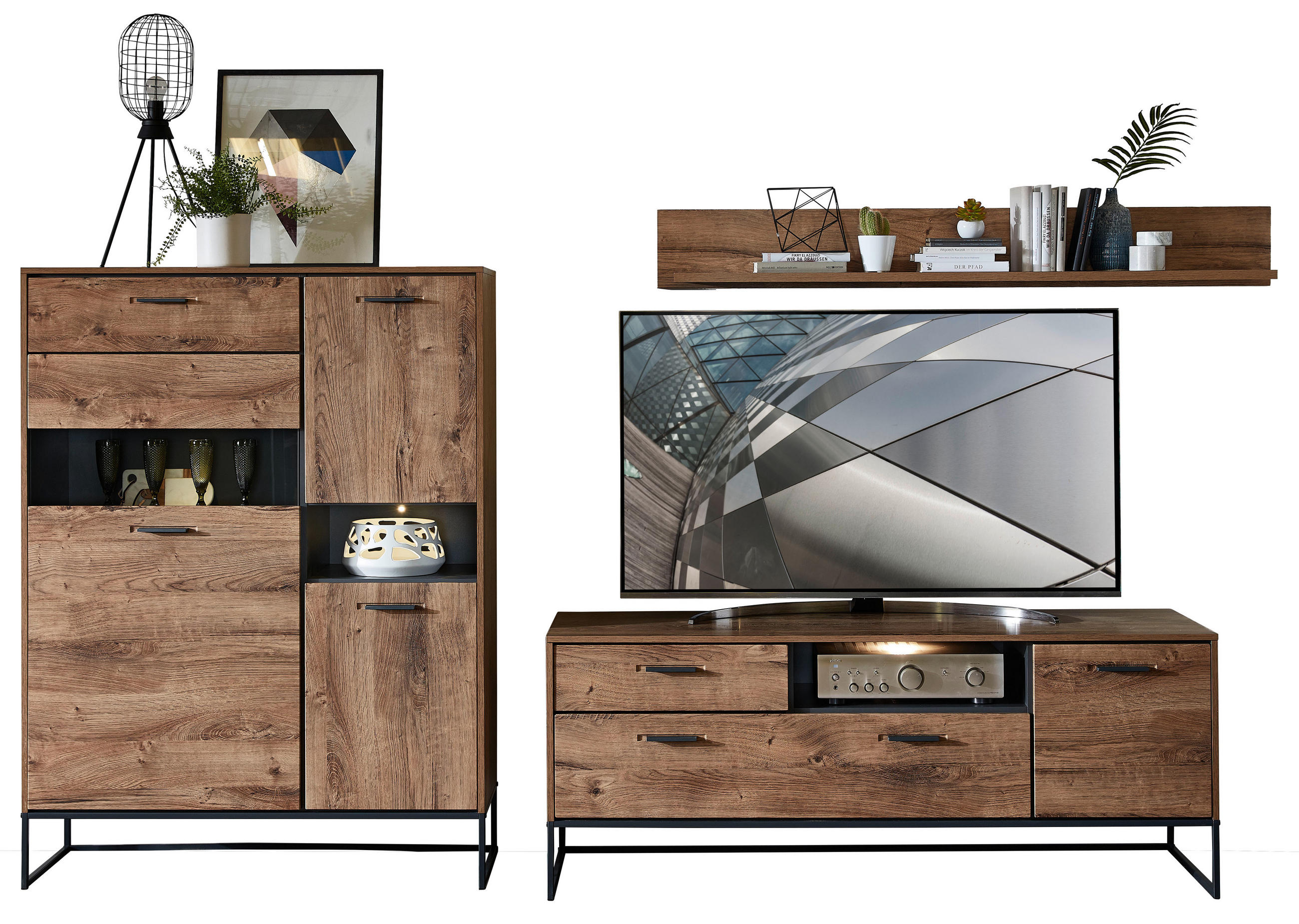 WOHNWAND Graphitfarben, Eichefarben Einlegeböden - Eichefarben/Anthrazit, MODERN, Glas/Holzwerkstoff (310/165/48cm) - Livetastic