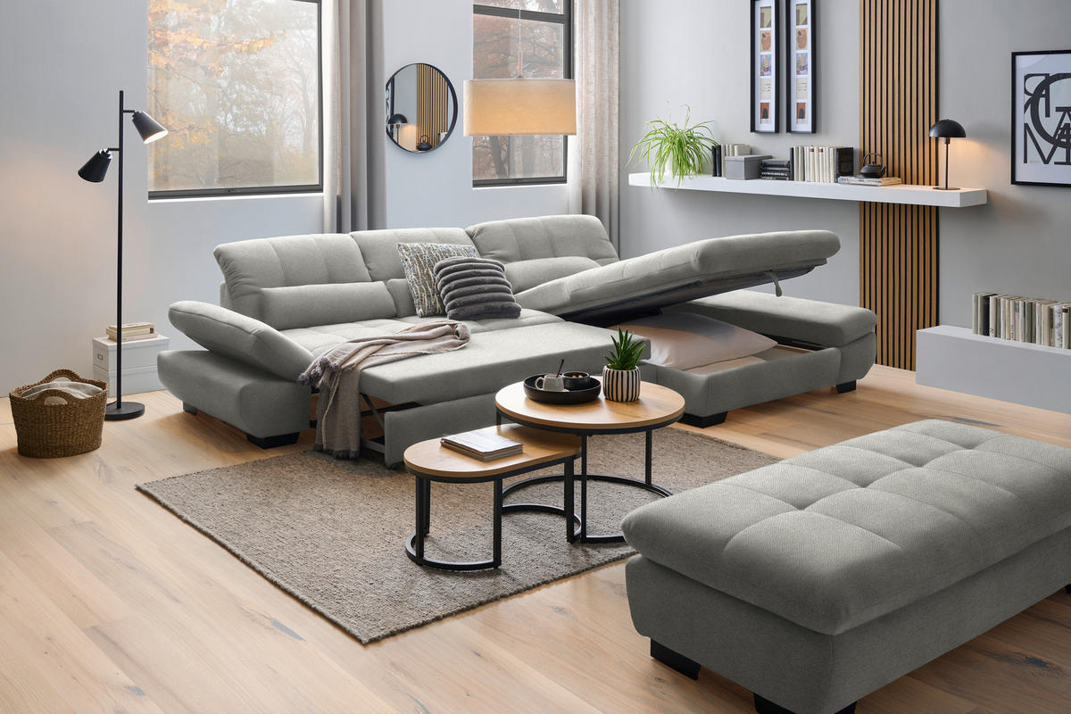 ECKSOFA Flachgewebe Hellgrau  - Hellgrau/Schwarz, Design, Textil/Metall (341/204cm) - Xora