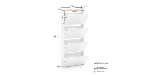 SCHUHKIPPER - Eichefarben/Weiß Hochglanz, Design, Holzwerkstoff/Kunststoff (65/162/19cm) - Xora