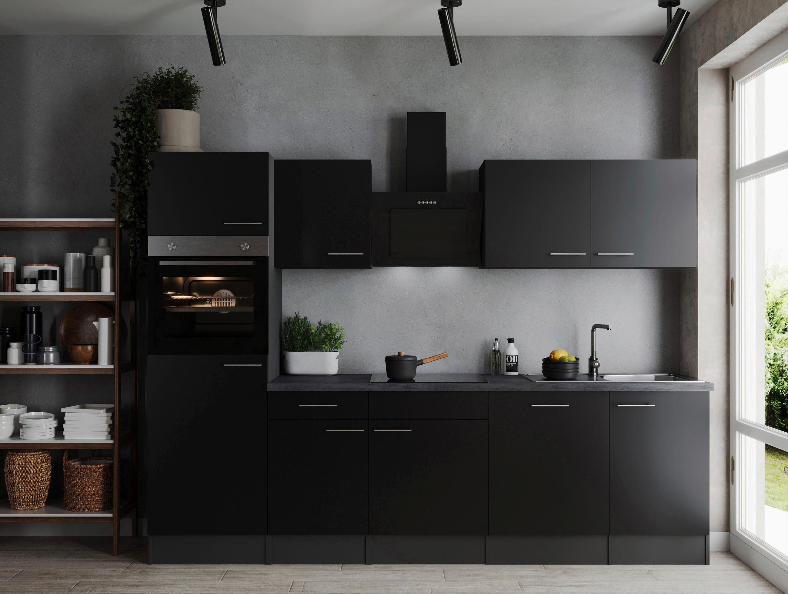 KÜCHENBLOCK 280 cm   in Grau, Schwarz  - Silberfarben/Schwarz, Design, Holzwerkstoff/Metall (280cm) - Respekta