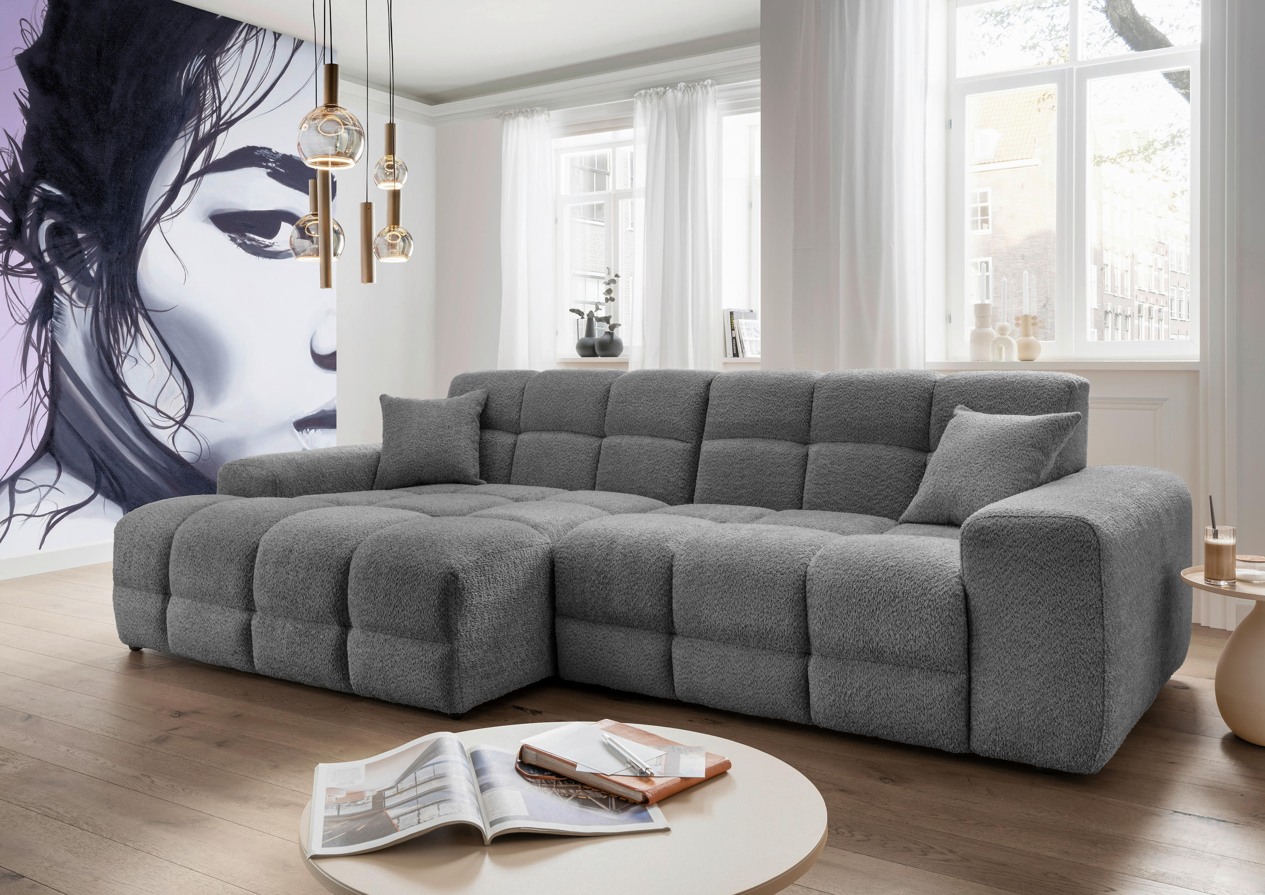 ECKSOFA in Bouclé Anthrazit  - Anthrazit/Schwarz, Modern, Kunststoff/Textil (152/301cm) - Livetastic