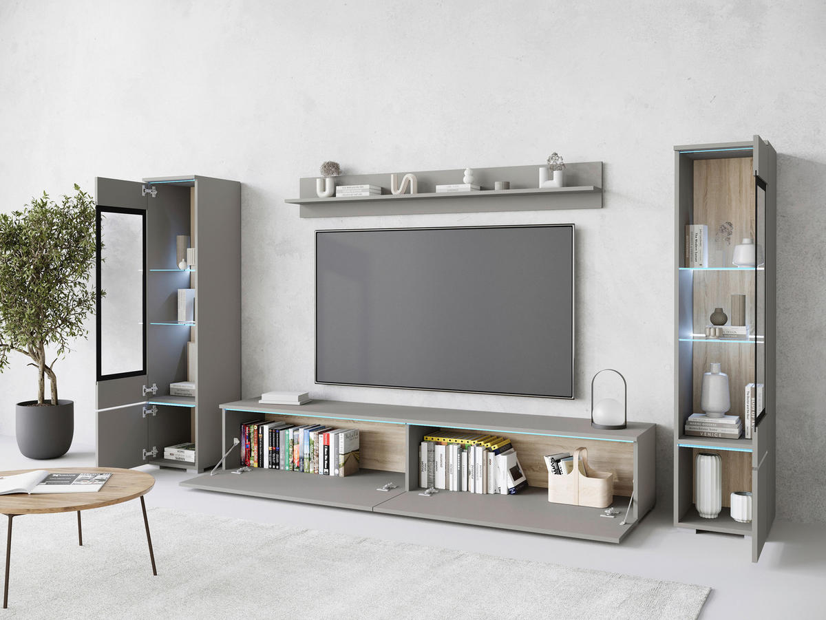 WOHNWAND Vera 4-teilig  in Grau   - Grau, Trend, Glas/Holzwerkstoff (240/130/33cm)