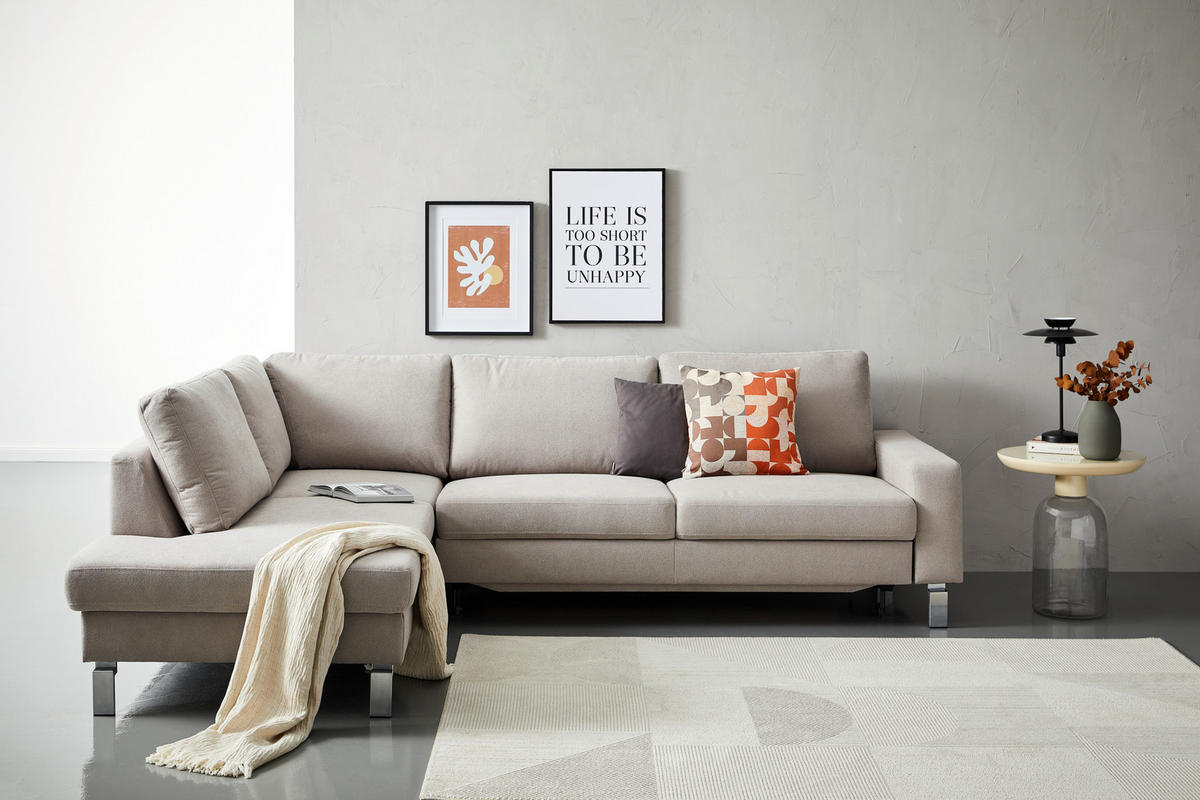 ECKSOFA in Flachgewebe Hellgrau  - Chromfarben/Hellgrau, Design, Textil/Metall (200/276cm) - Hom`in