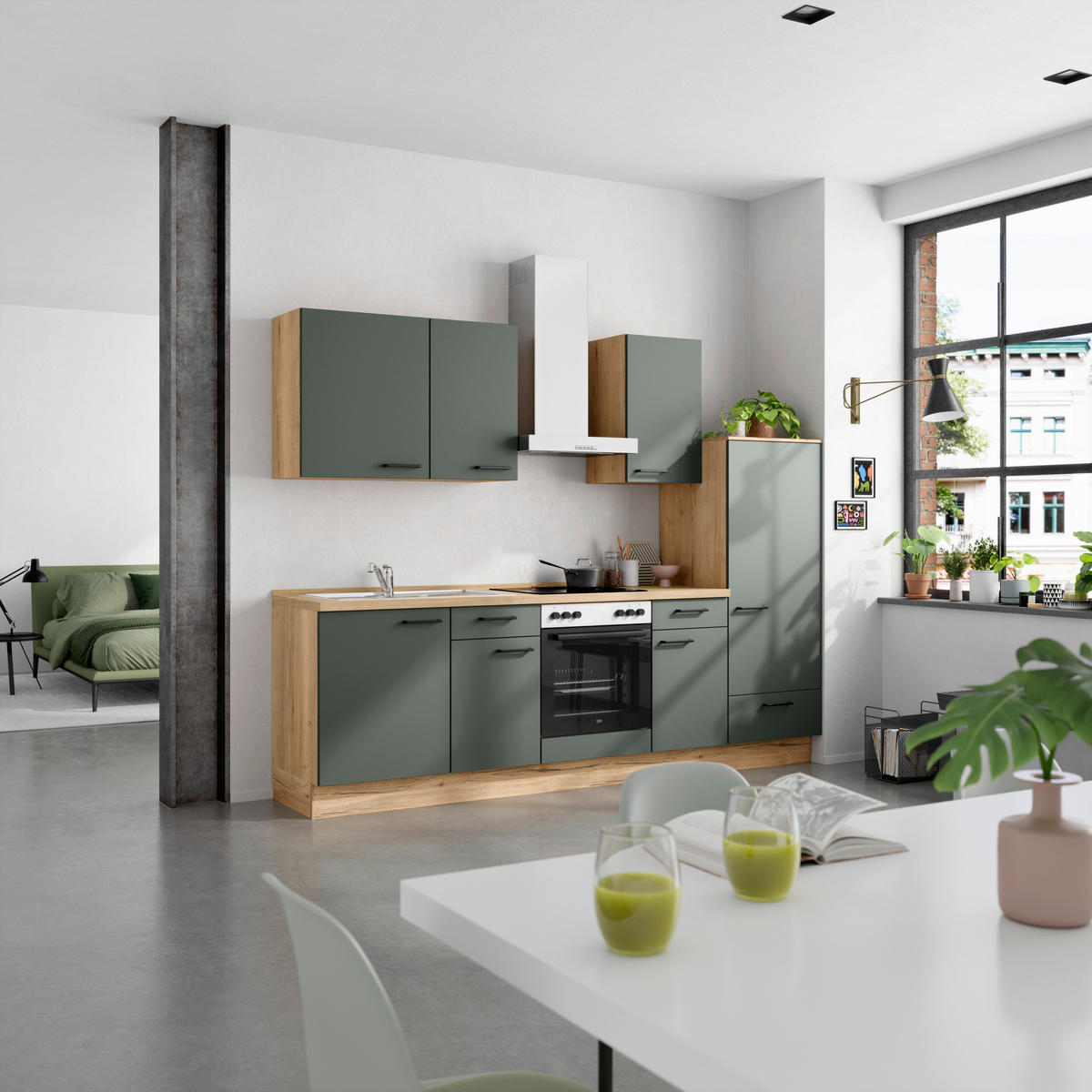 KÜCHENBLOCK 270 cm   in Eichefarben, Dunkelgrün  - Dunkelgrün/Eichefarben, MODERN, Holzwerkstoff/Metall (270cm) - Nobilia