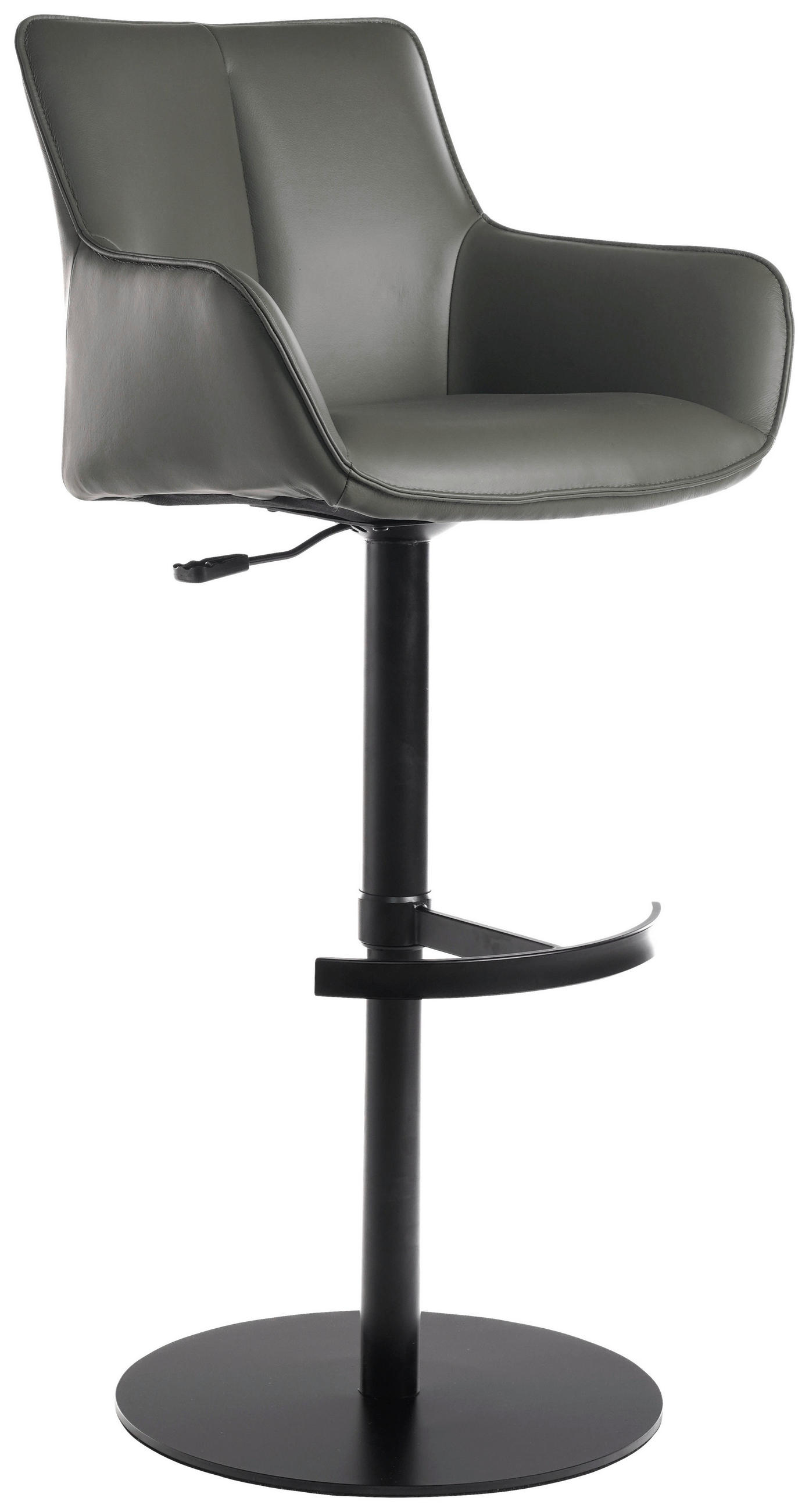 BARHOCKER Echtleder Grau, Schwarz Eisen Lederauswahl, Sitzfläche 360° drehbar, automatische Rückholfunktion  - Schwarz/Grau, Design, Leder/Metall (54/92-112/55cm) - Novel