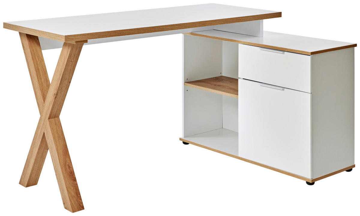 ECKSCHREIBTISCH 140/95/76 cm  in Weiss, Eichefarben  - Weiss/Eichefarben, Modern, Holzwerkstoff/Metall (140/95/76cm) - Livetastic