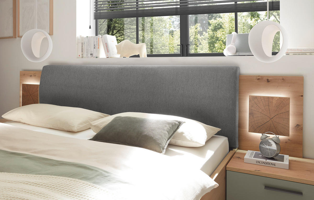 BETTANLAGE 180/200 cm  in Grau, Salbeigrün, Eiche Artisan  - Salbeigrün/Eiche Artisan, KONVENTIONELL, Holzwerkstoff/Textil (180/200cm) - Xora