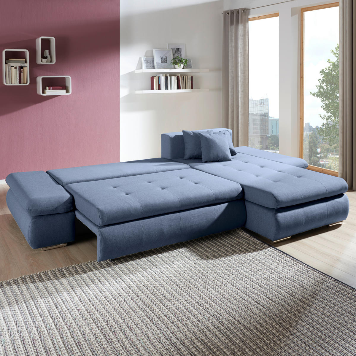 ECKSOFA in Webstoff Blau  - Chromfarben/Blau, Design, Kunststoff/Textil (302/187cm) - Carryhome