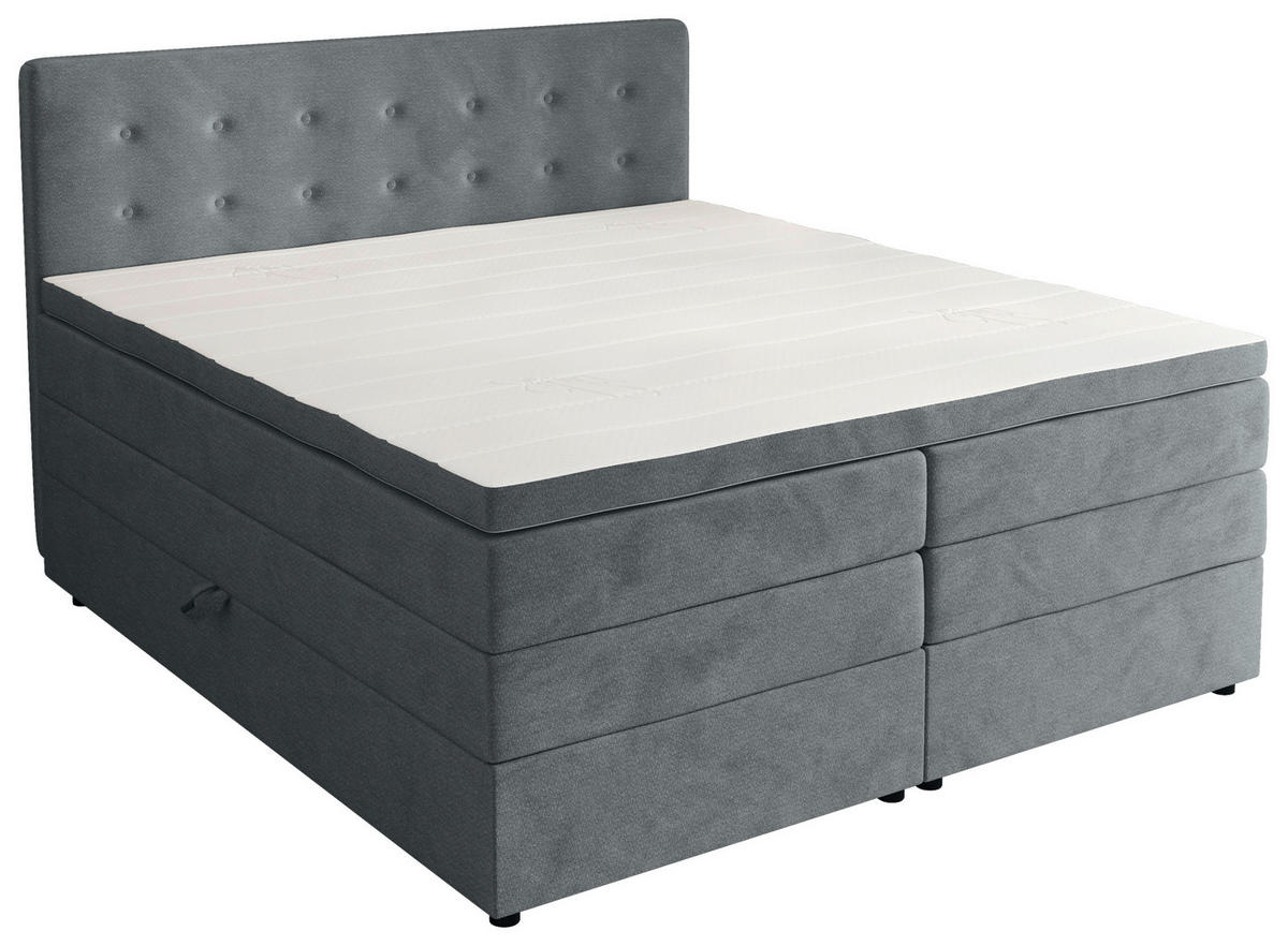 BOXSPRINGBETT 200/200 cm,  in Grau, gepolstertes Kopfteil, Bettkasten, Topper, Matratzen, H2 + H3 = mittel + fest  - Schwarz/Grau, KONVENTIONELL, Kunststoff/Textil (200/200cm) - Chameo