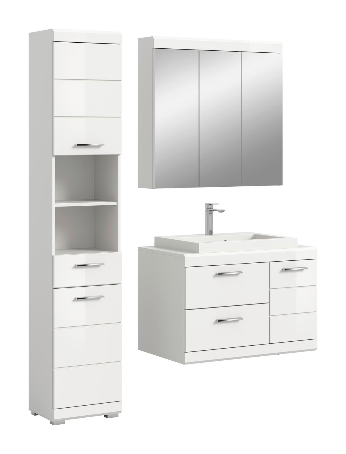 BADEZIMMER 4-teilig  in 132 cm  - Weiß Hochglanz/Silberfarben, Trend, Glas/Holzwerkstoff (132cm) - MID.YOU