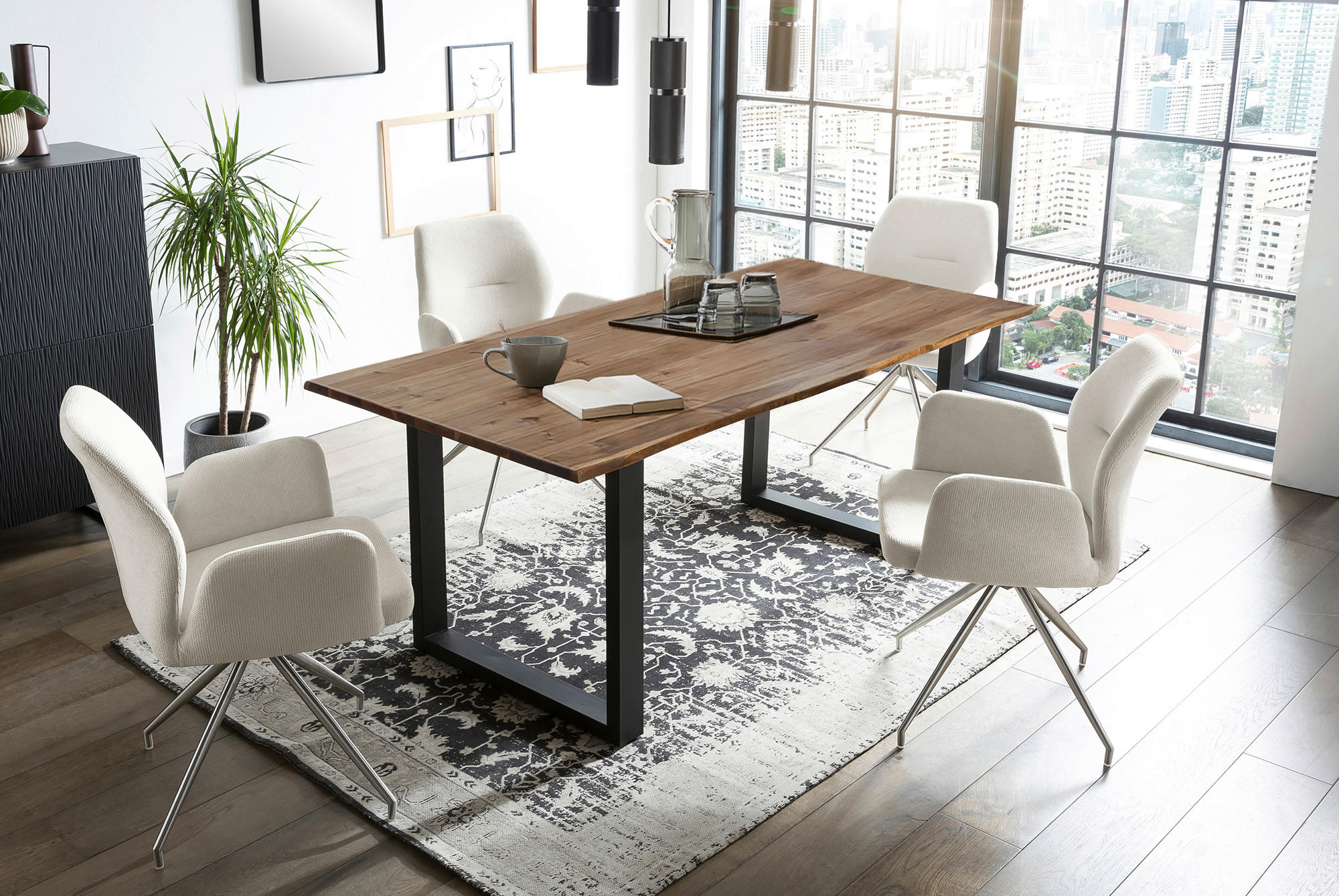 TISCHGRUPPE in Holz, Metall, Textil Creme, Walnussfarben  - Silberfarben/Walnussfarben, MODERN, Holz/Textil (180/90/75cm) - Livetastic