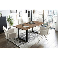 TISCHGRUPPE Struktur Akazie massiv Creme, Walnussfarben  - Silberfarben/Walnussfarben, MODERN, Holz/Textil (160/90/75cm) - Livetastic