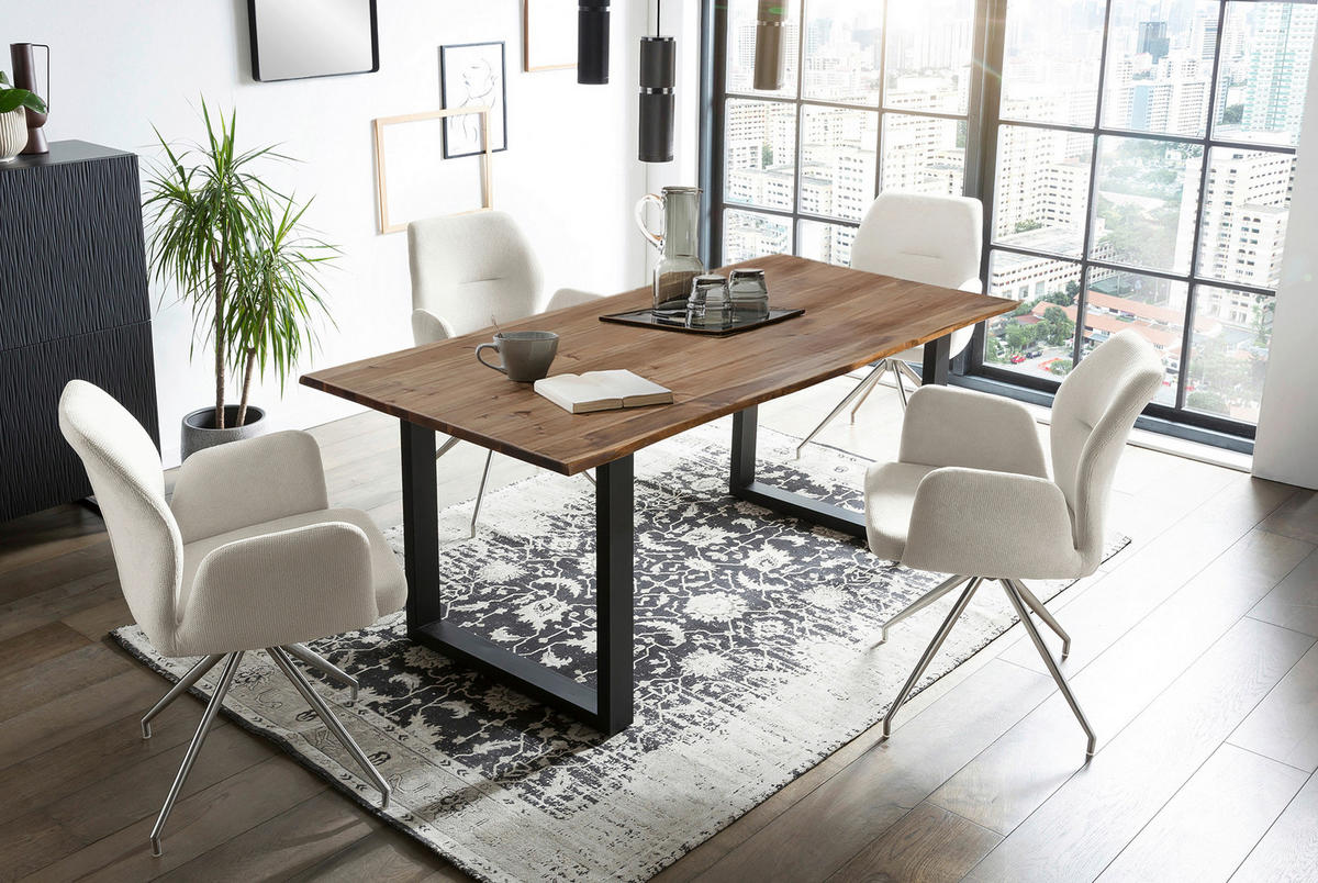 TISCHGRUPPE Struktur Akazie massiv Creme, Walnussfarben  - Silberfarben/Walnussfarben, MODERN, Holz/Textil (160/90/75cm) - Livetastic