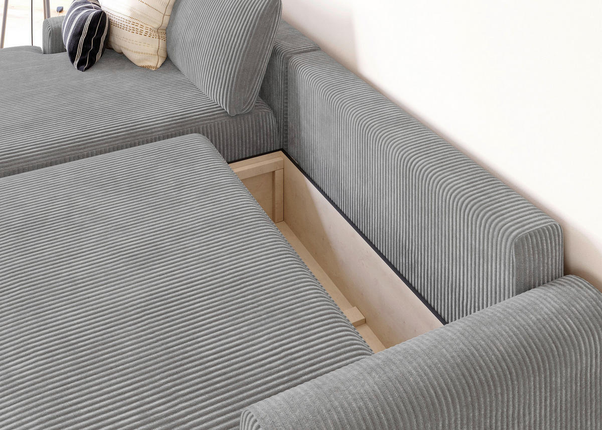 ECKSCHLAFSOFA Cord Grau  - Schwarz/Grau, MODERN, Kunststoff/Textil (167/253cm) - Trendmanufaktur